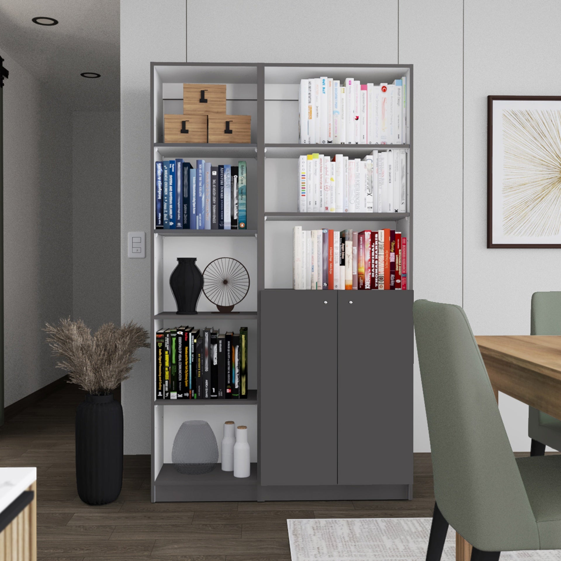 Micco 2 Piece 2 Piece Home Bookcase set, 42" Wide  with 8 Shelves and Double Door Cabinet, Living Room Set Matte Gray - White