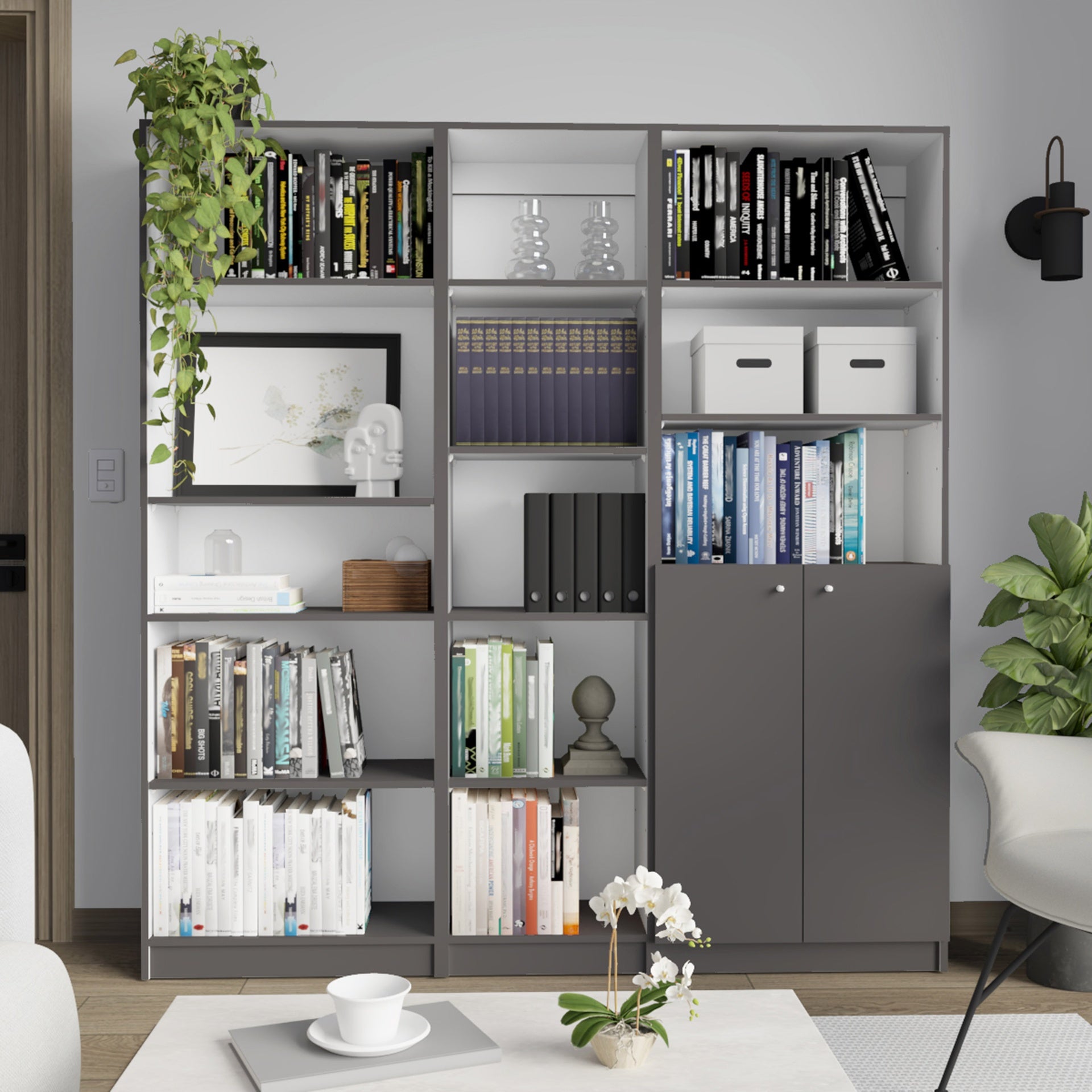 Poston 3 Piece Home Bookcase set, 67" Wide with 13 Shelves and 2-door Cabinet ,  Living Room Set  Matt Gray / White