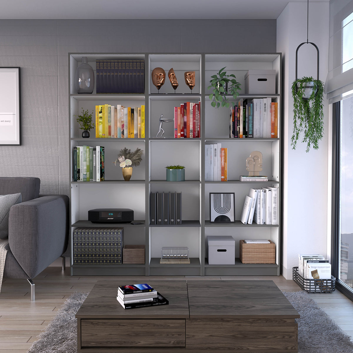 Luetz 3 Piece Home Bookcase set, 67" Wide with 15 Shelves ,  Living Room Set Set  Matt Gray - White