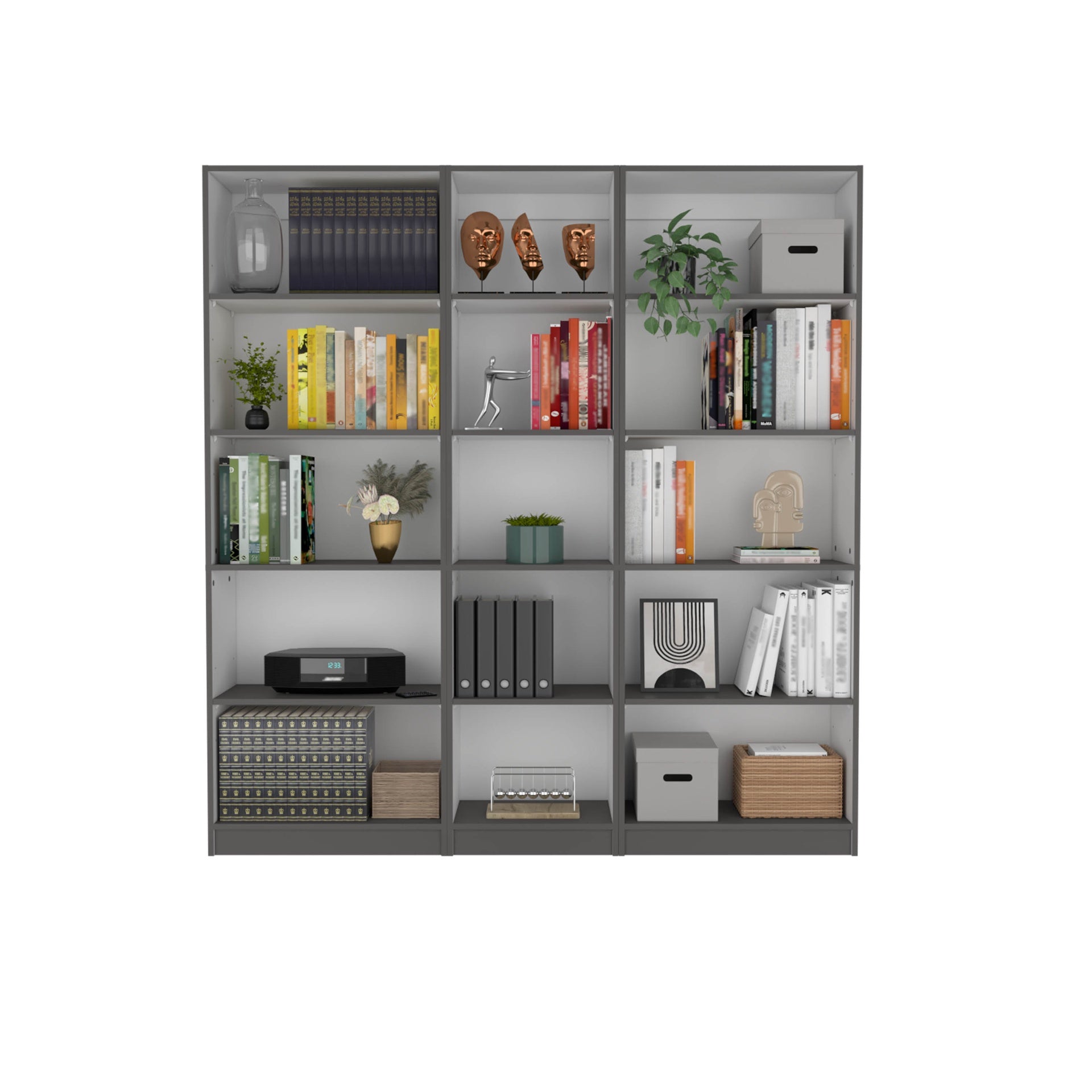 Luetz 3 Piece Home Bookcase set, 67" Wide with 15 Shelves ,  Living Room Set Set  Matt Gray - White