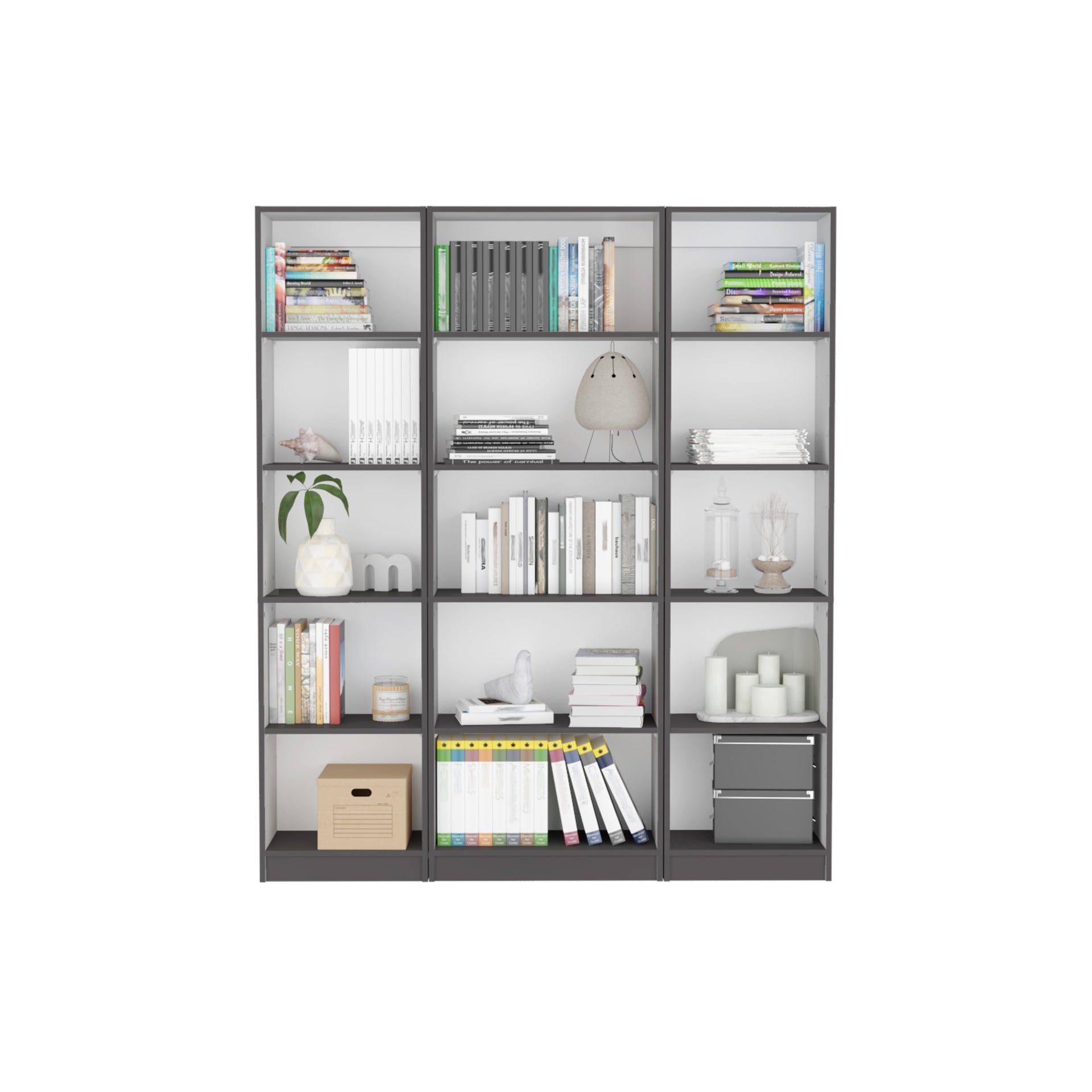 Bartow 3 Piece Home Bookcase set, 60" Wide with 15 Shelves ,  Living Room Set Set Matt Gray - White