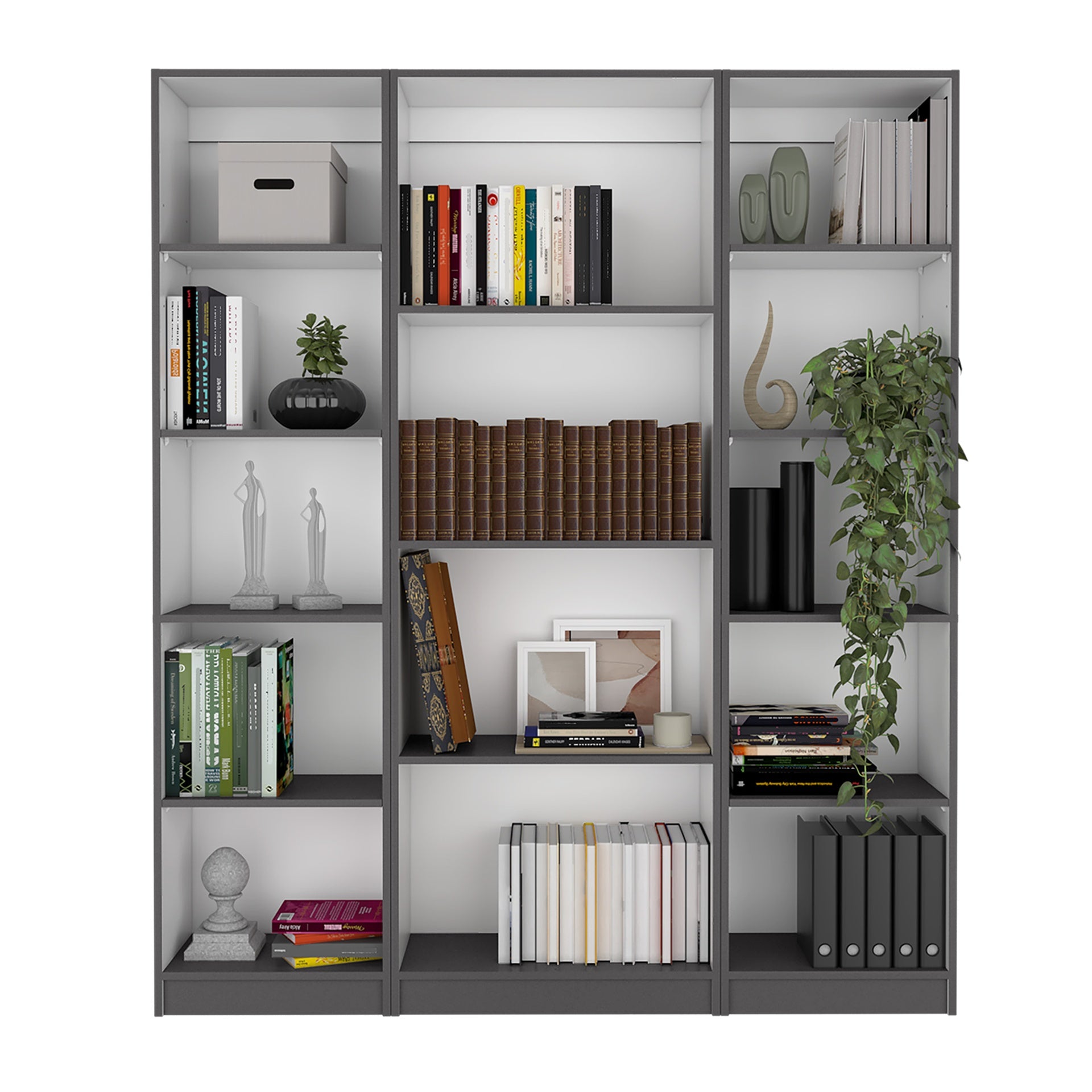 Davie 3 Piece Home Bookcase set, 60" Wide with 14 Shelves ,  Living Room Set Set Matt Gray - White