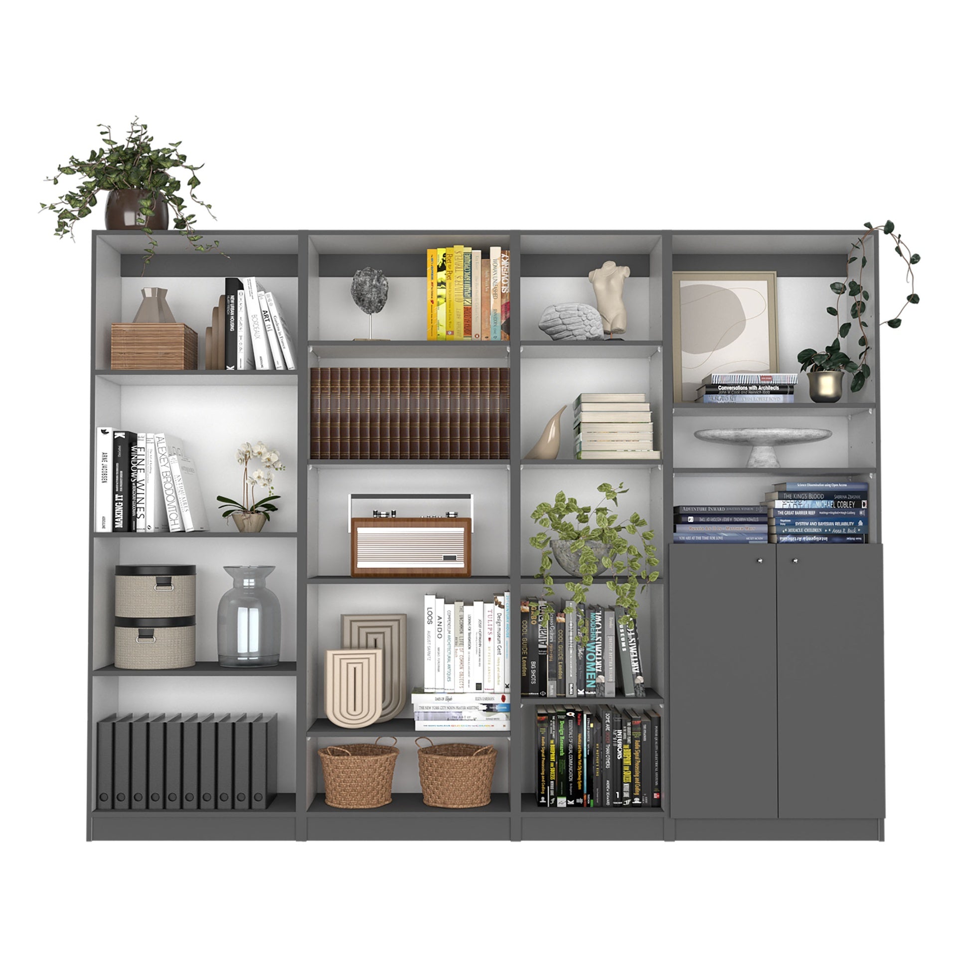 Dupree 4 Piece Home Bookcase set, 91" Wide with 17 Shelves And a Double-Door Cabinet ,  Living Room Set  Matt Gray / White
