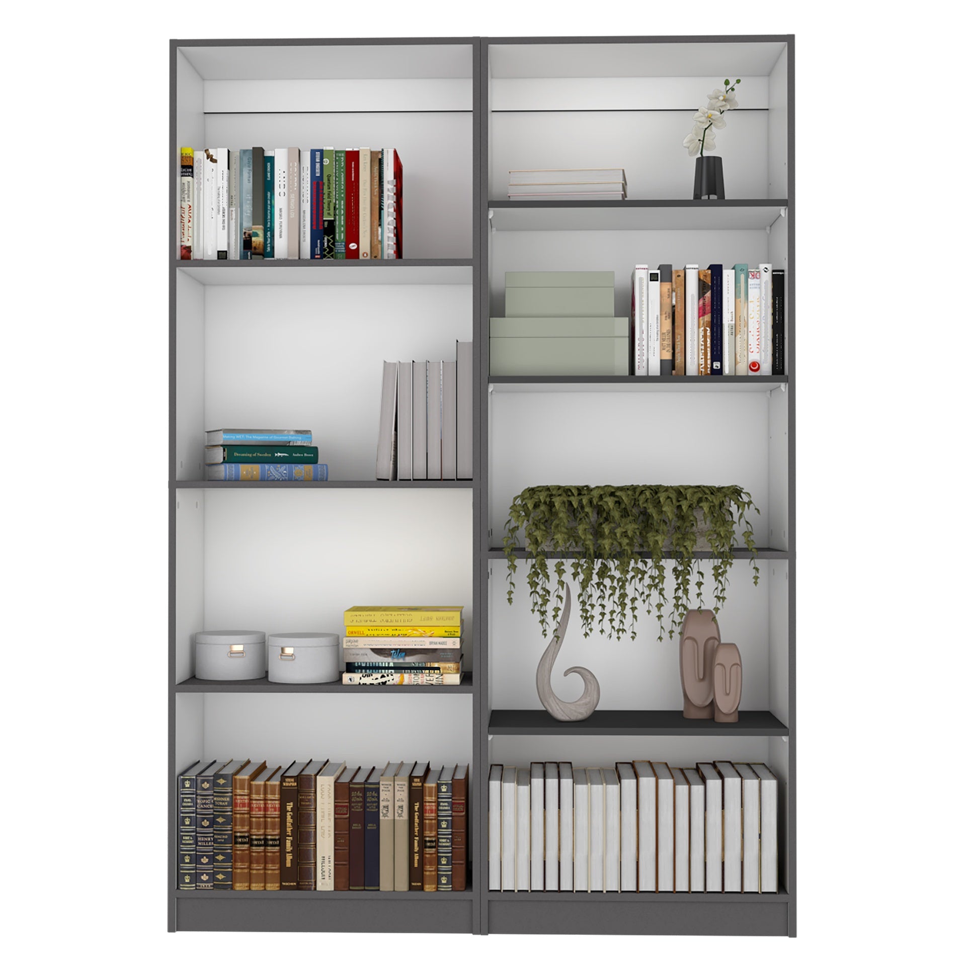 2 Piece Bookcase Living Room Set,  Storage Cabinet, 49" Wide and 9 Shelves Matt Gray / White