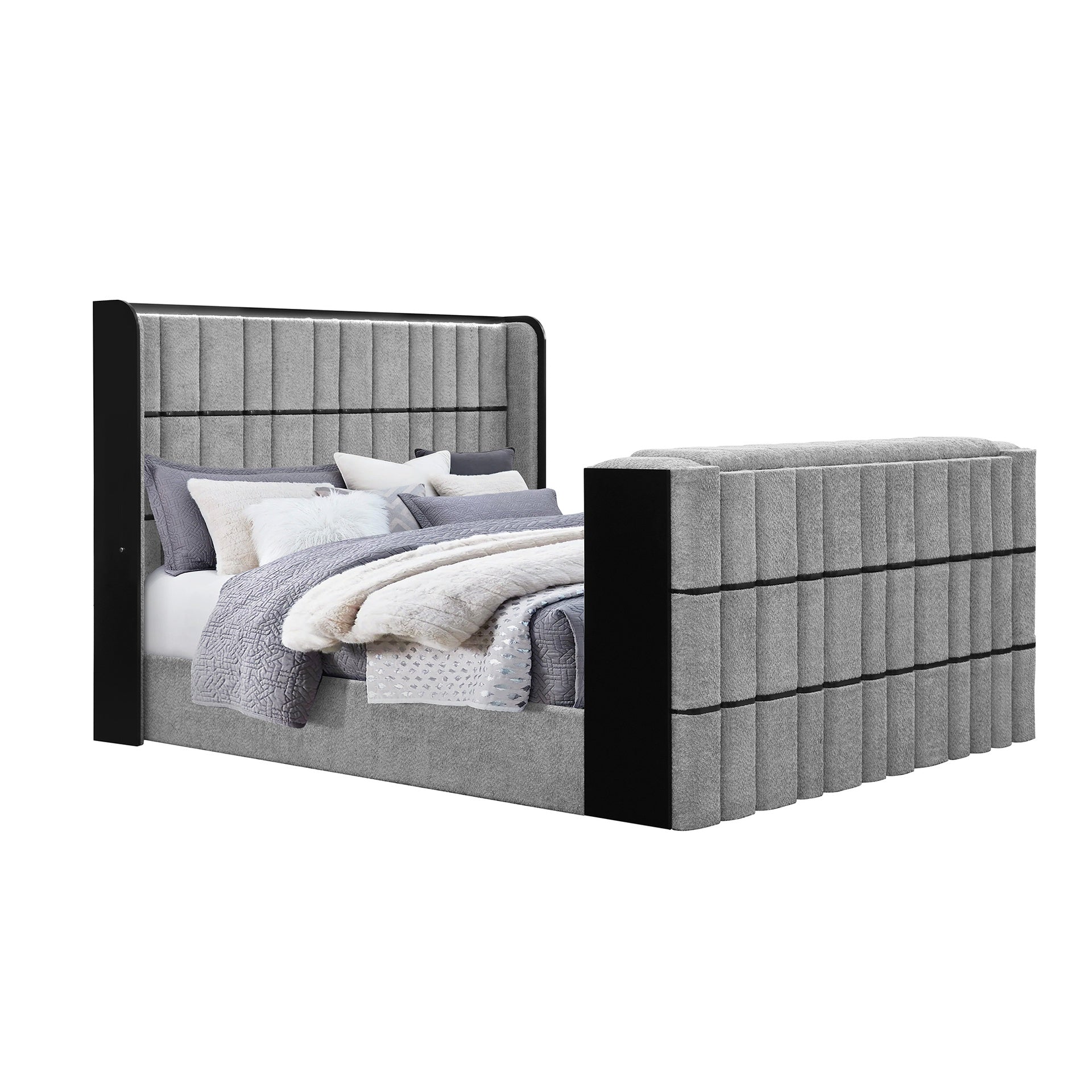 Isaiah Grey Queen Bed with 50" TV Lift-LED, Speakers and Fireplace