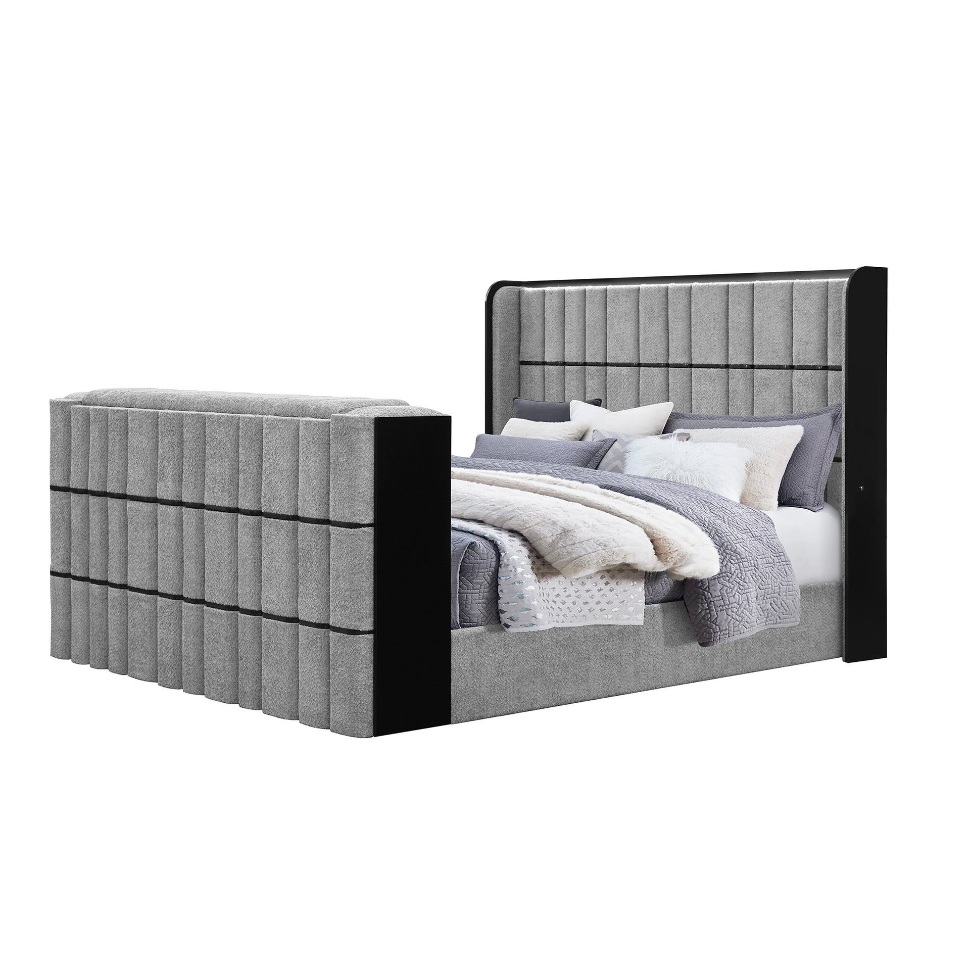 Isaiah Grey Queen Bed with 50" TV Lift-LED, Speakers and Fireplace