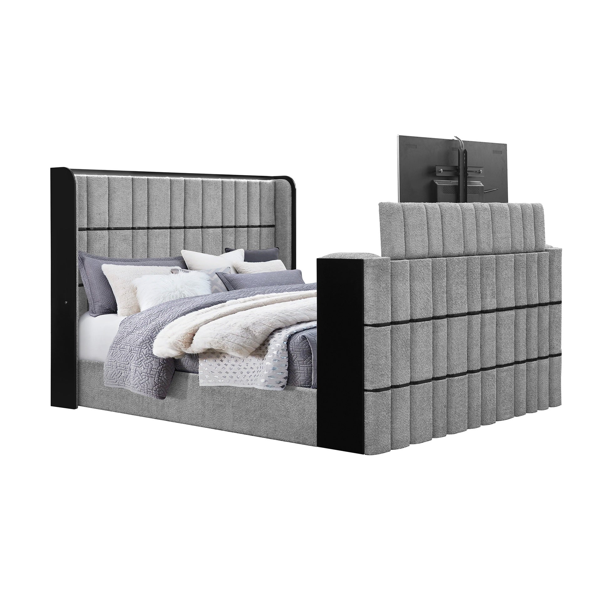 Isaiah Grey Queen Bed with 50" TV Lift-LED, Speakers and Fireplace
