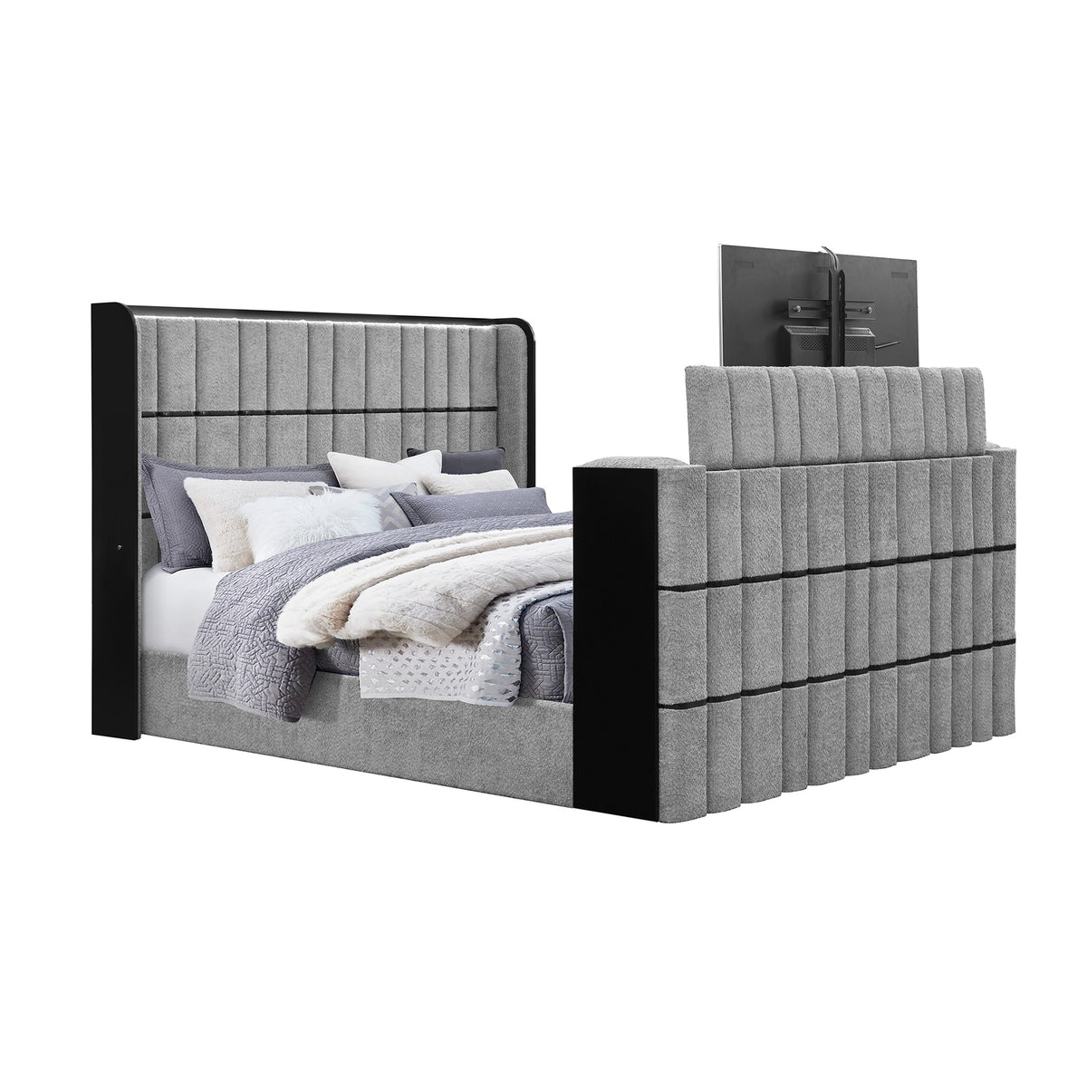 Isaiah Grey Queen Bed with 50" TV Lift-LED, Speakers and Fireplace