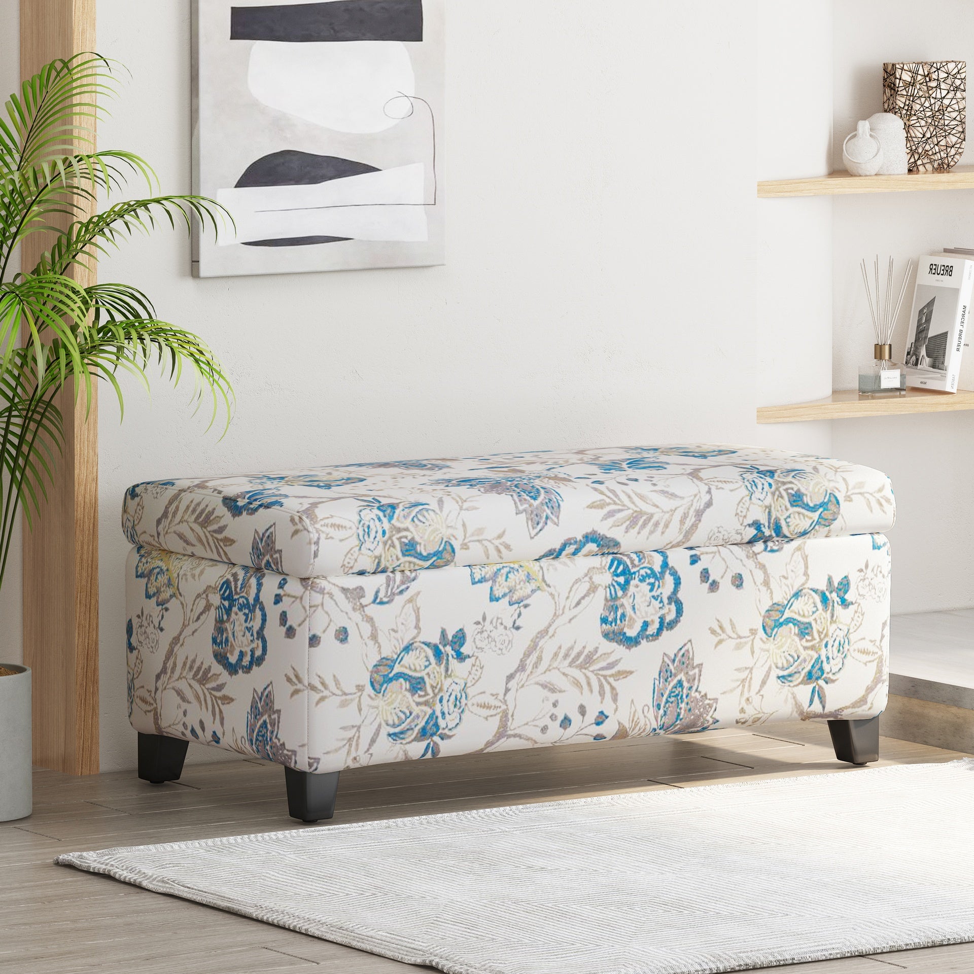 Luxury Storage Ottoman with Floral Patterned Fabric, Soft-Close Hinges, Multi-Functional Footrest & Seat for Living Room, Bedroom - Hidden Compartment for Blankets/Pillows
