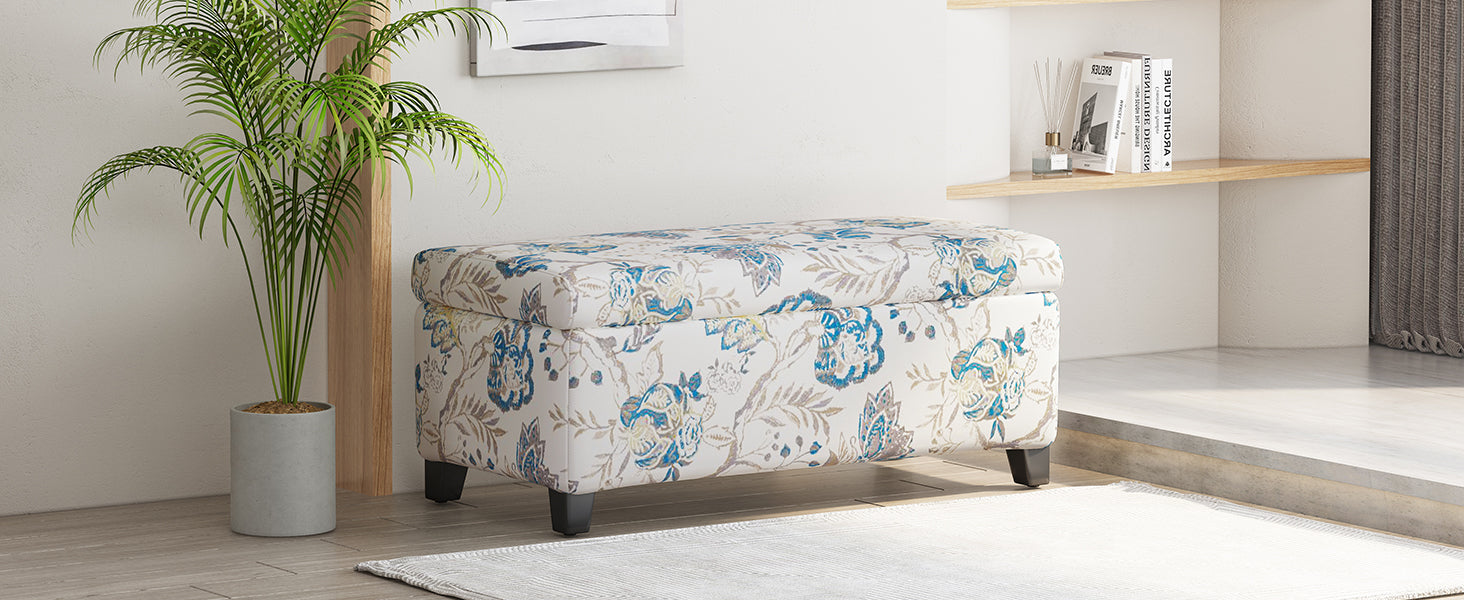 Luxury Storage Ottoman with Floral Patterned Fabric, Soft-Close Hinges, Multi-Functional Footrest & Seat for Living Room, Bedroom - Hidden Compartment for Blankets/Pillows