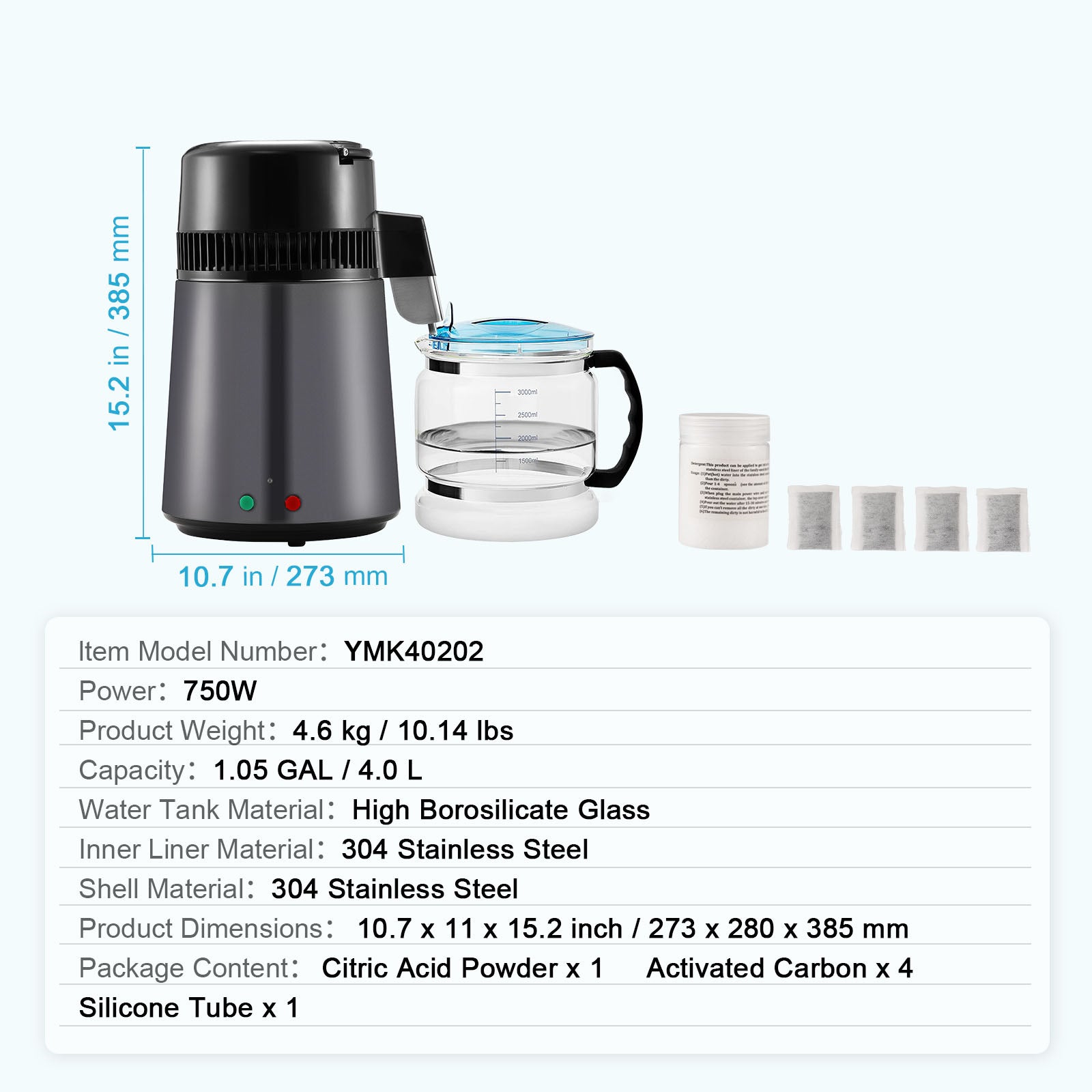 Water Distiller, 4L 1.05 Gallon Pure Water Purifier Filter For Home Countertop, 750W Distilled Water Maker, Stainless Steel Interior Distiller Water Making Machine to Make Clean Water, Gray