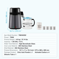 Water Distiller, 4L 1.05 Gallon Pure Water Purifier Filter For Home Countertop, 750W Distilled Water Maker, Stainless Steel Interior Distiller Water Making Machine to Make Clean Water, Gray