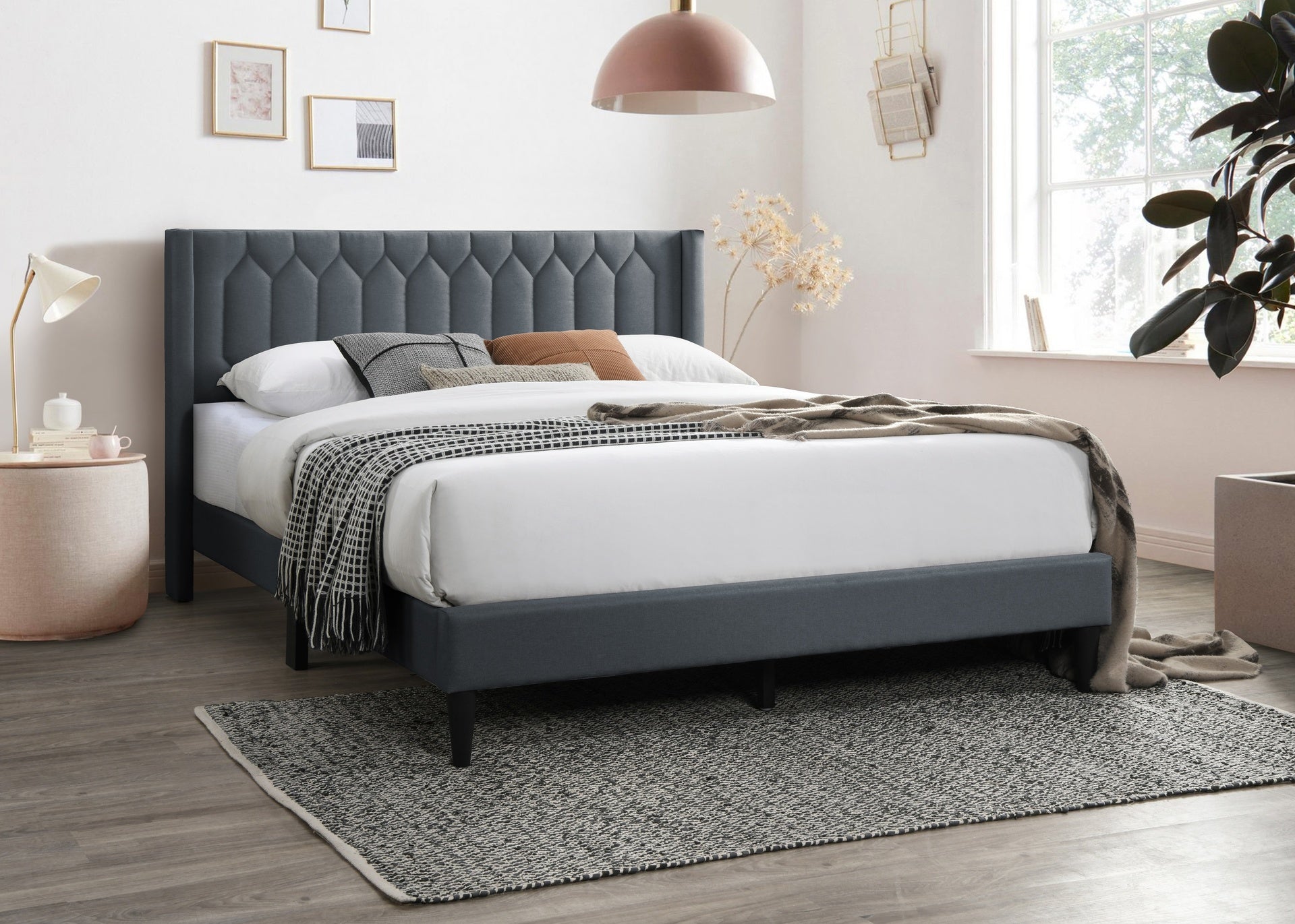 Modern Eye-Catching 1pc Full Size Bed Charcoal Burlap Fabric Unique Diamond Design Headboard Bedroom Furniture
