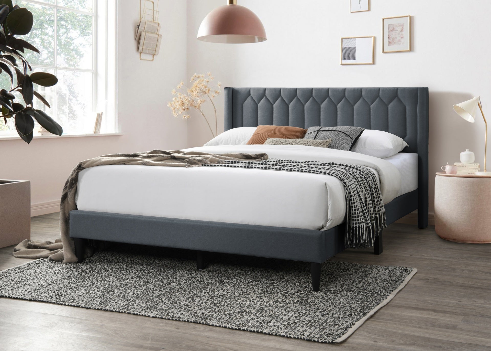 Modern Eye-Catching 1pc Full Size Bed Charcoal Burlap Fabric Unique Diamond Design Headboard Bedroom Furniture