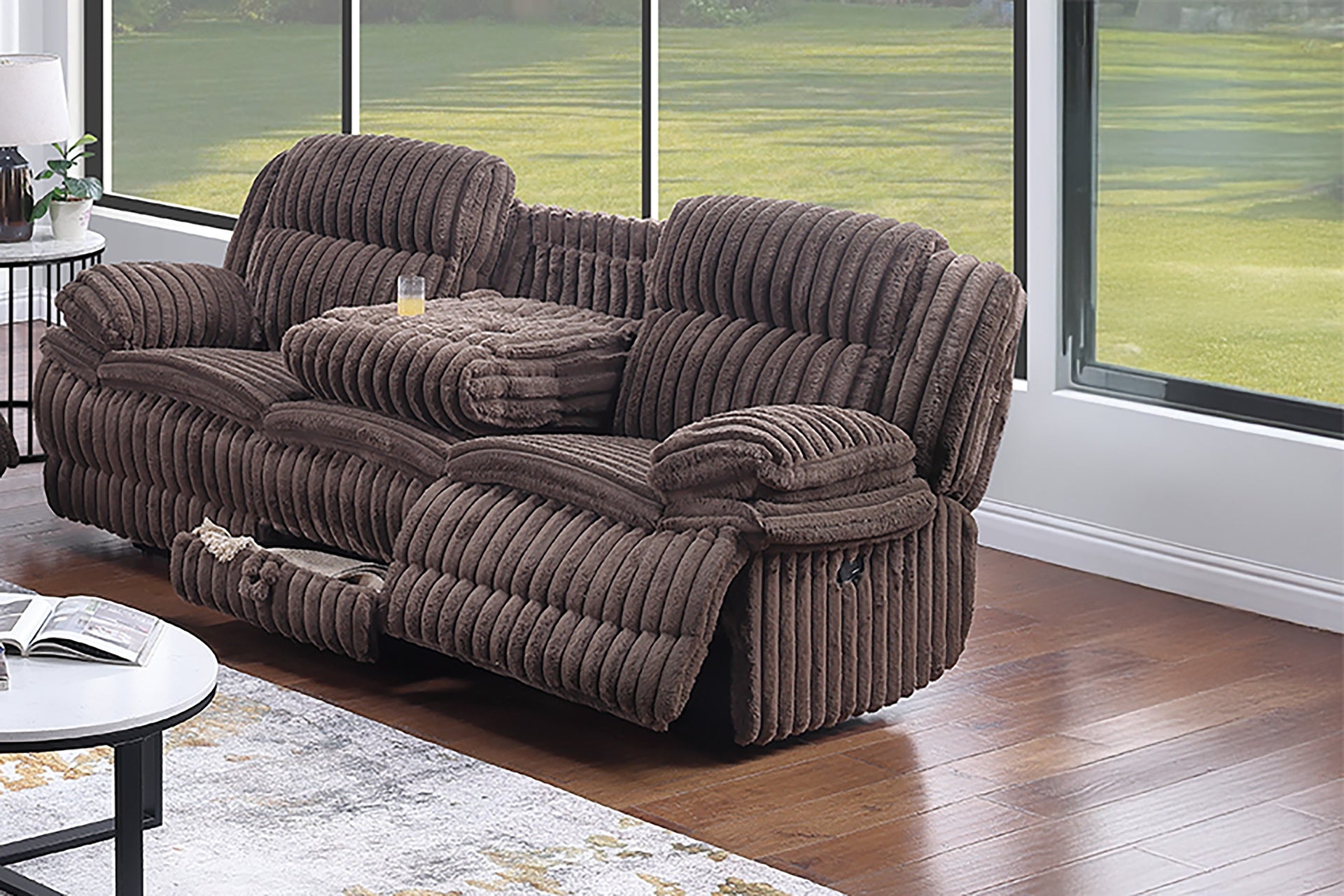 Living Room Reclining Couch 3pc Manual Sofa Set Sofa w Drop Down Table, Loveseat w Console Glider Recliner Chocolate Color