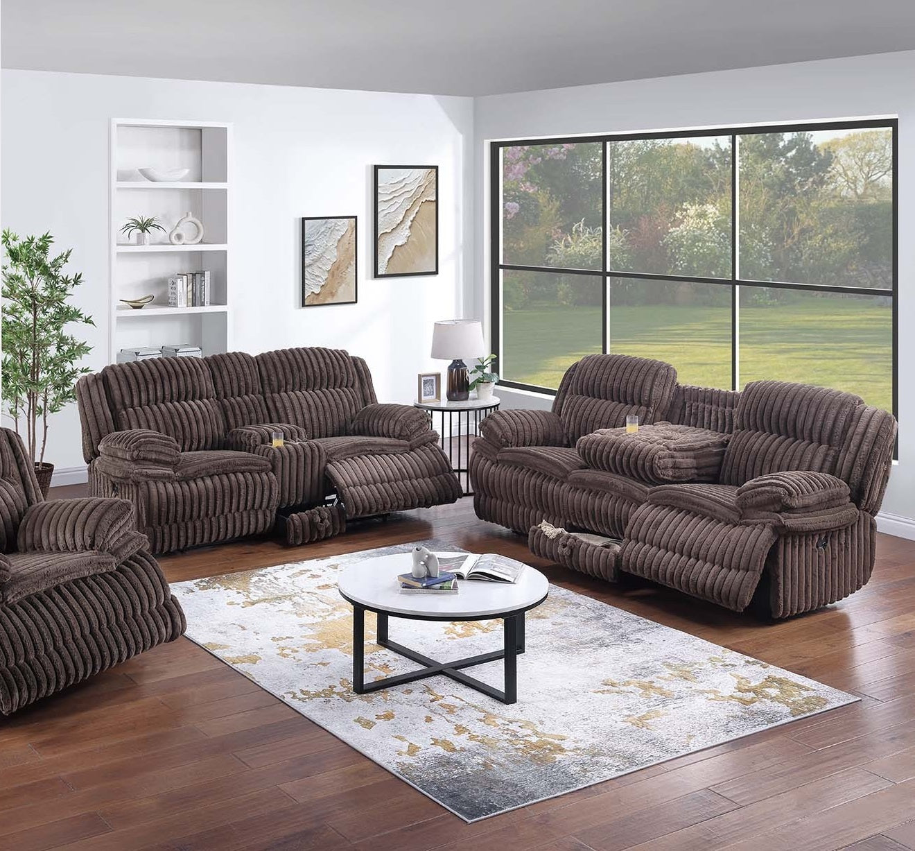 Living Room Reclining Couch 2pc Manual Sofa Set Sofa w Drop Down Table, Loveseat w Console Chocolate Color Couch