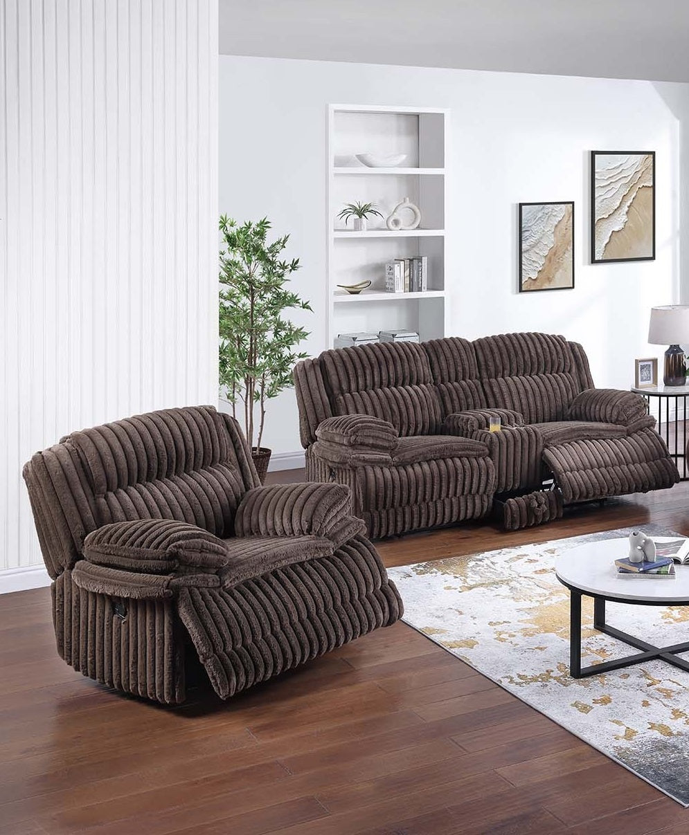 Modern Style 2pc Living Room Set 1x Loveseat and 1x Recliner Console Underneath Drawer Pillow Arms Corduroy Fabric Upholstered Chocolate Finish Primary Living Room Furniture