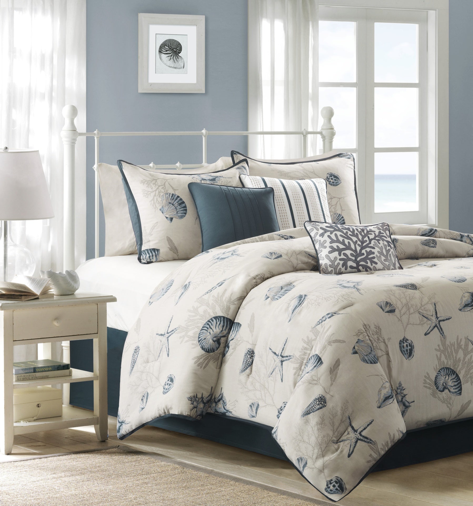 7 Piece Cotton Sateen Comforter Set Blue Cal King