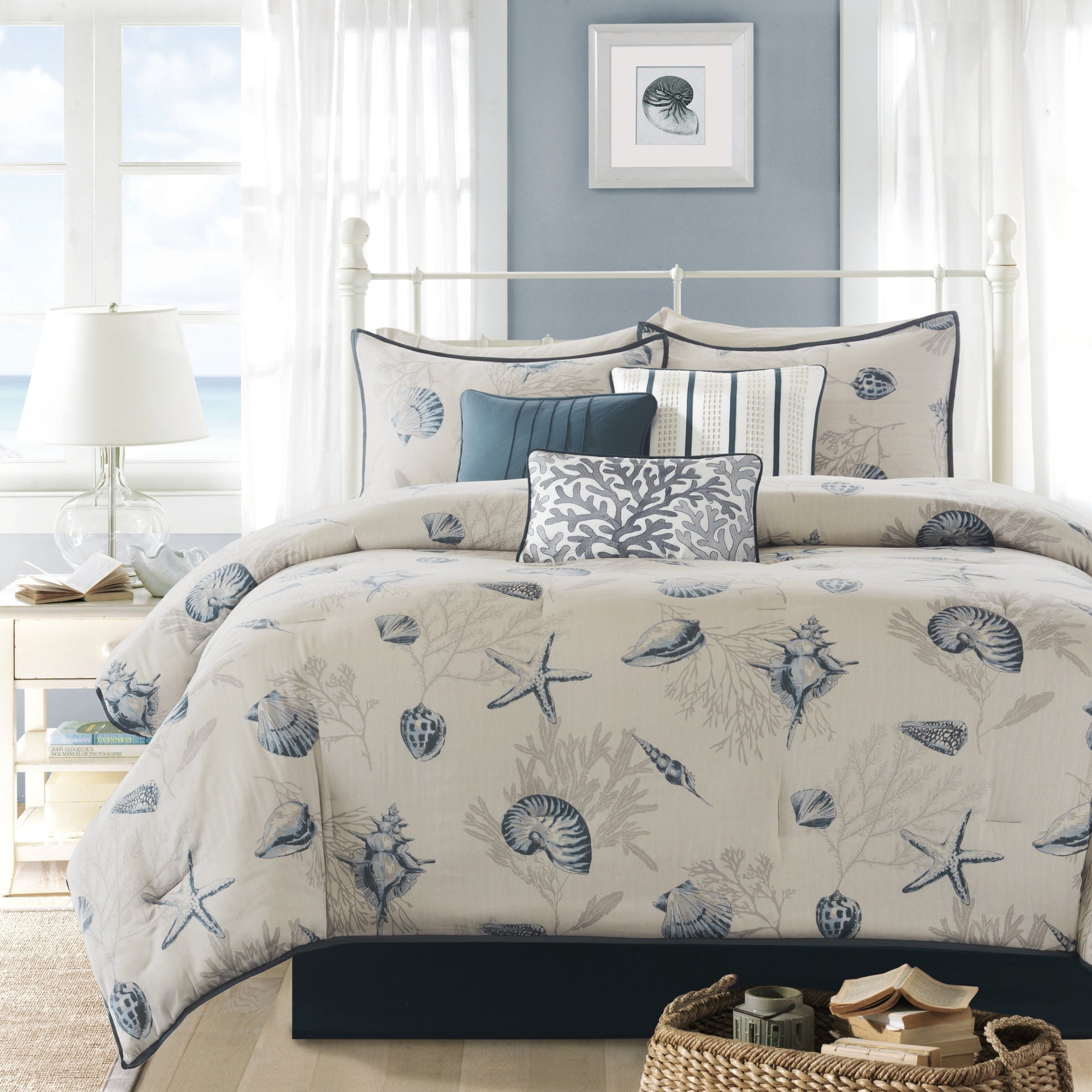 7 Piece Cotton Sateen Comforter Set Blue Cal King