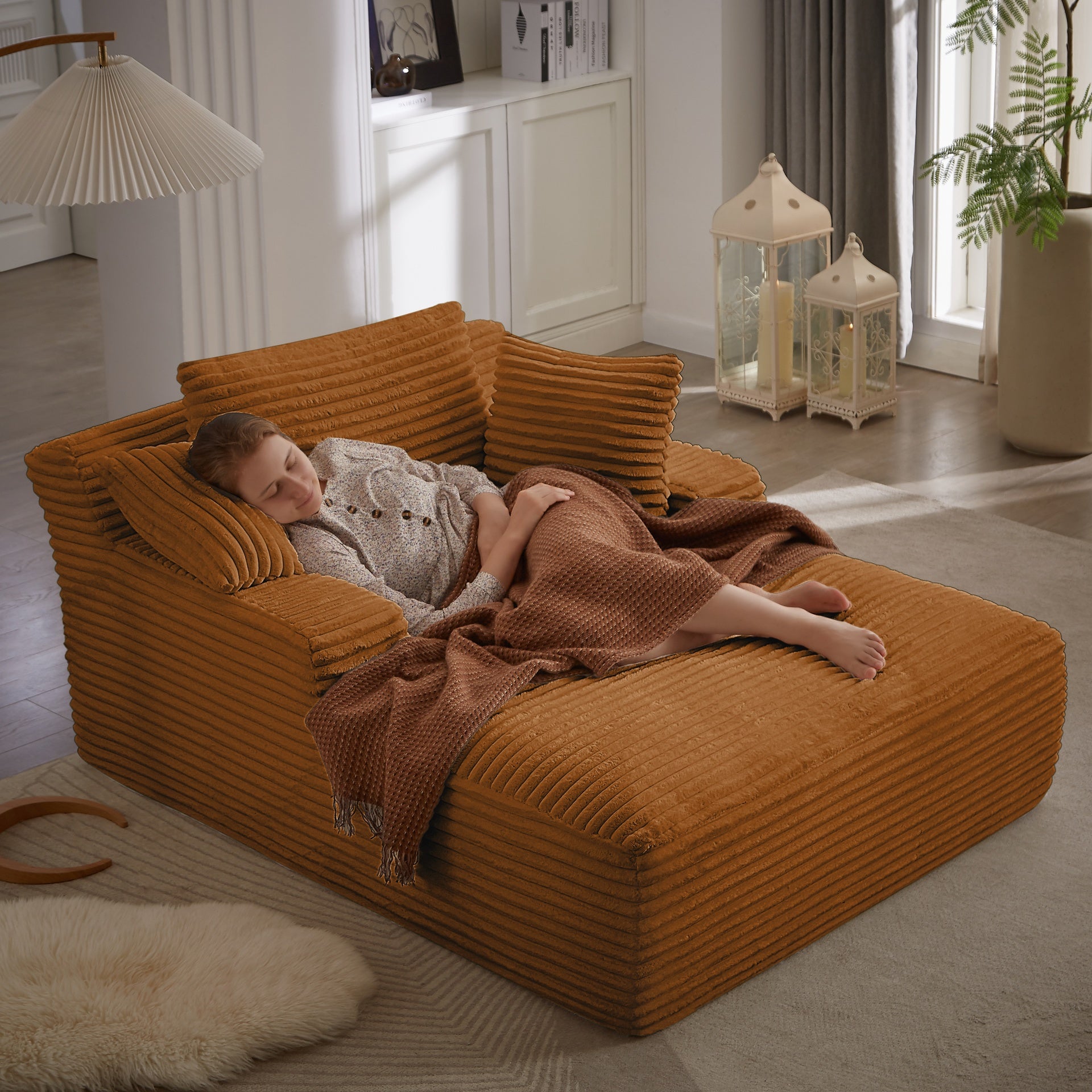 Oversized Chaise Lounge Chair Indoor, Corduroy Upholstered Modern Sofa Couch,No Assembly Required,Comfy Sleeper Sofa for Living Room,Office