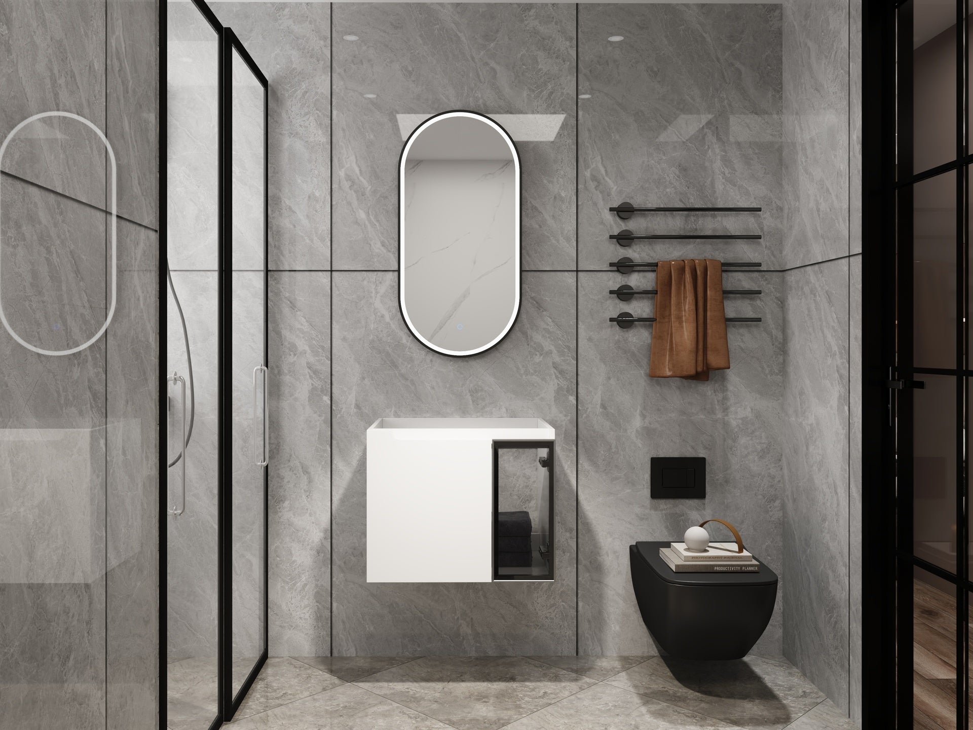 24" Wall-Mounted Bathroom Vanity, 2-Soft Close Doors,Glossy White Vanity & Grey Glass 1/2 Door, Plywood (KD-Packing)-Excluding Sink