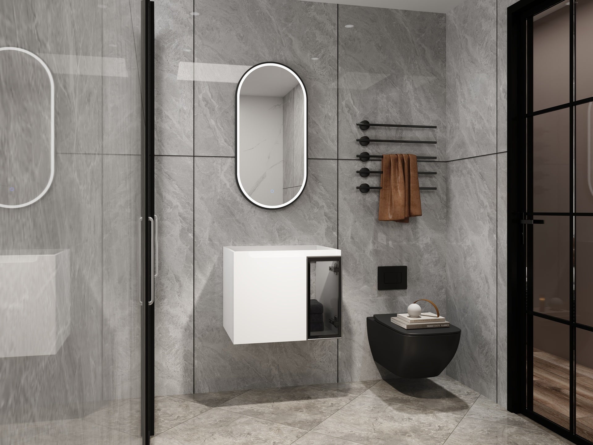 24" Wall-Mounted Bathroom Vanity, 2-Soft Close Doors,Glossy White Vanity & Grey Glass 1/2 Door, Plywood (KD-Packing)-Excluding Sink