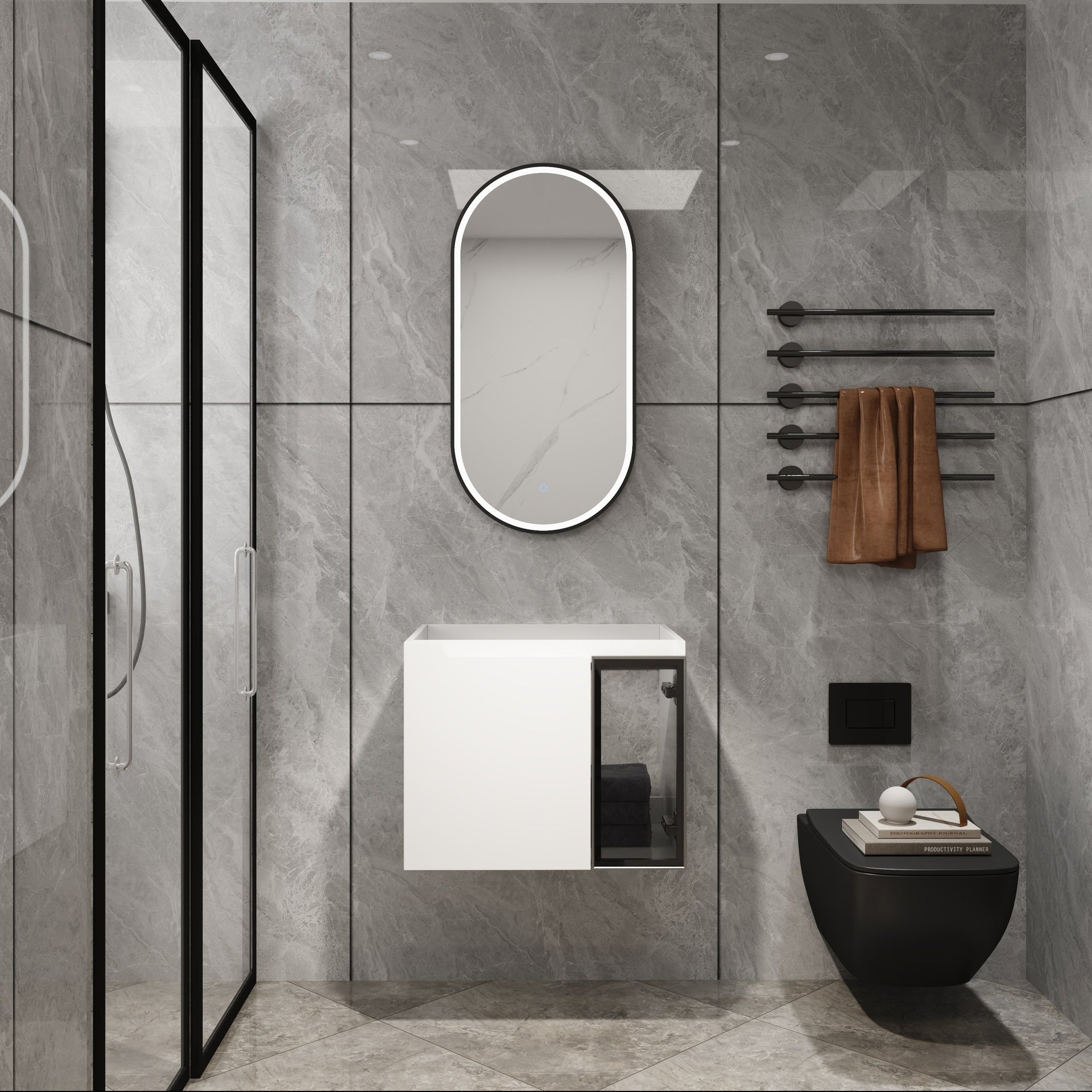 24" Wall-Mounted Bathroom Vanity, 2-Soft Close Doors,Glossy White Vanity & Grey Glass 1/2 Door, Plywood (KD-Packing)-Excluding Sink