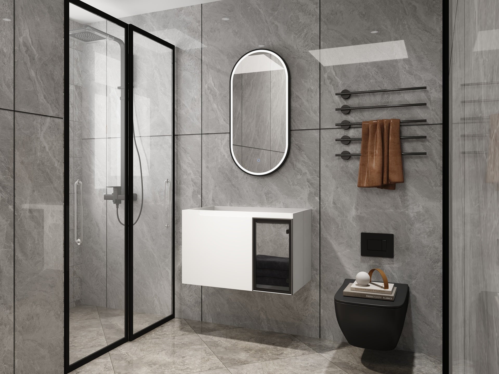 30" Wall-Mounted Bathroom Vanity, 2-Soft Close Doors,Glossy White Vanity & Grey Glass 1/2 Door, Plywood (KD-Packing)-Excluding Sink