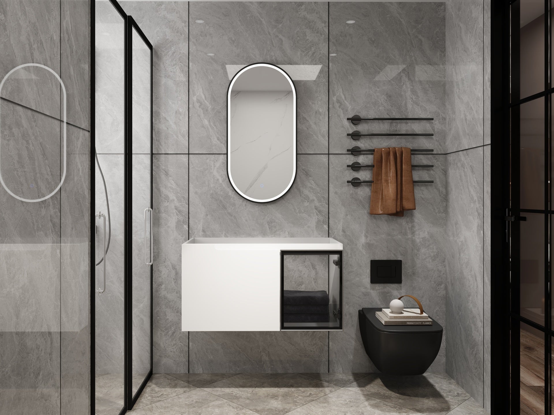 36" Wall-Mounted Bathroom Vanity, 2-Soft Close Doors,Glossy White Vanity & Grey Glass 1/2 Door, Plywood (KD-Packing)-Excluding Sink