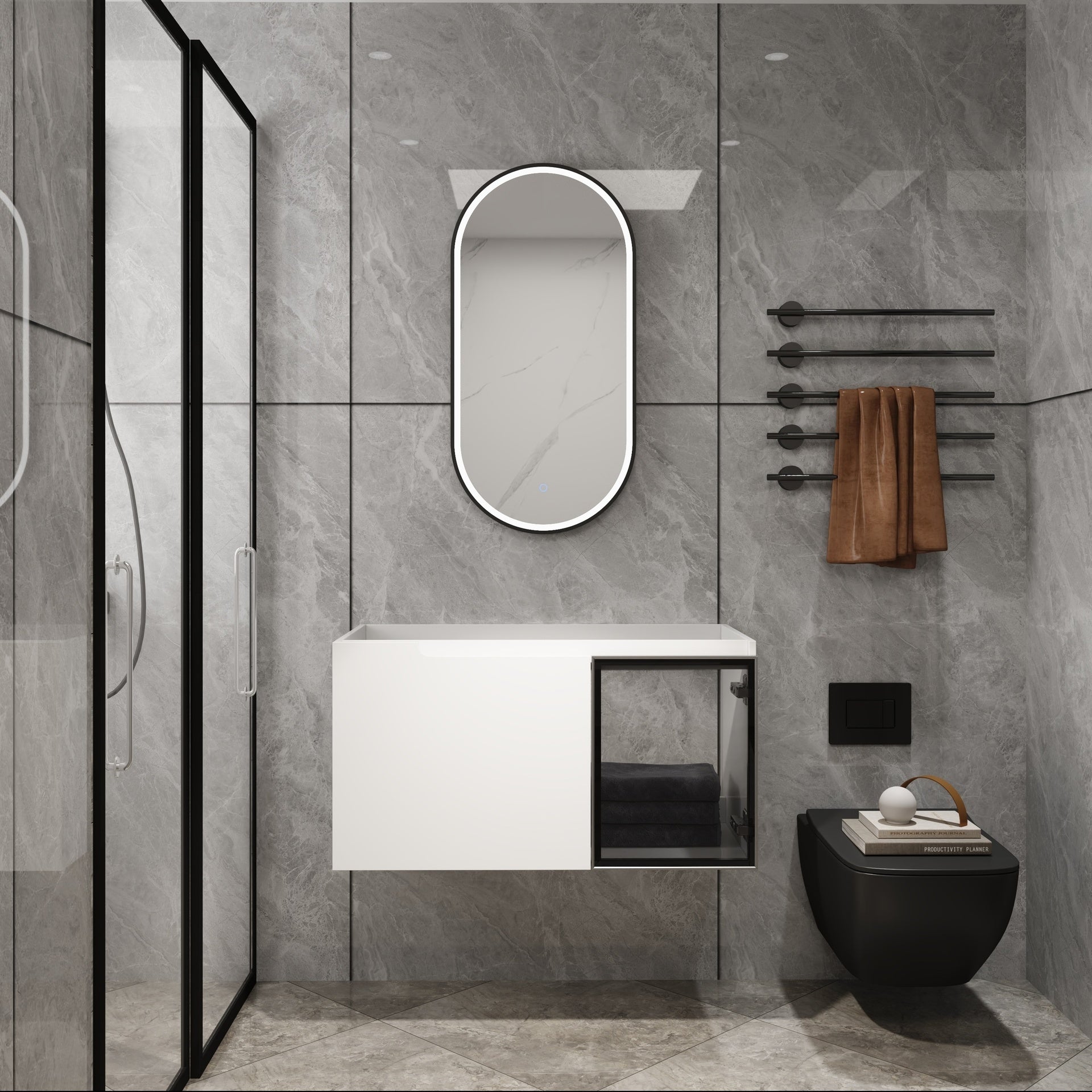 36" Wall-Mounted Bathroom Vanity, 2-Soft Close Doors,Glossy White Vanity & Grey Glass 1/2 Door, Plywood (KD-Packing)-Excluding Sink