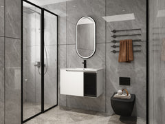 30" Wall-Mounted Bathroom Vanity With Ceramic Sink, 2-Soft Close Doors,Glossy White Vanity & Grey Glass 1/2 Door, Plywood (KD-Packing)