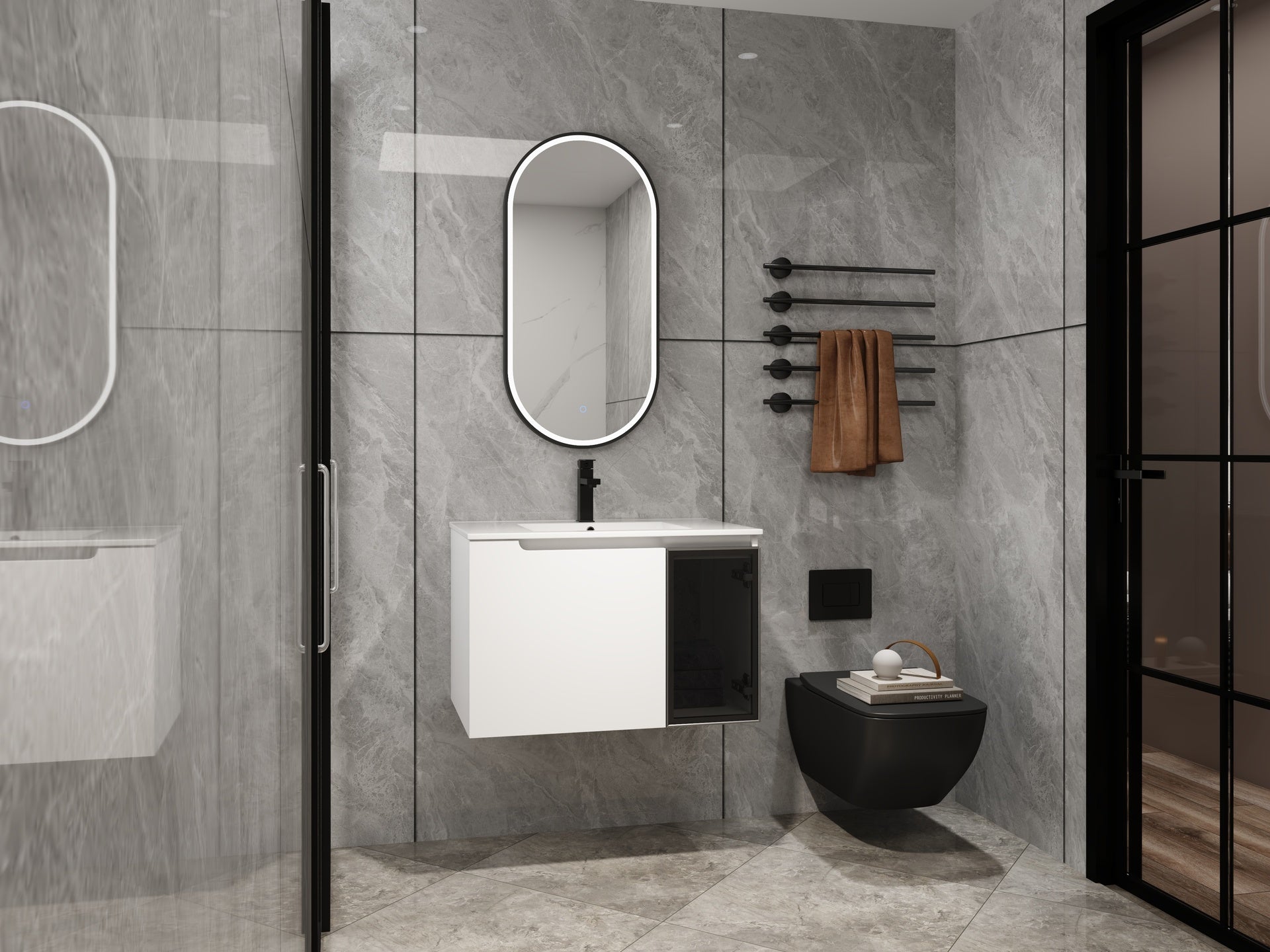 30" Wall-Mounted Bathroom Vanity With Ceramic Sink, 2-Soft Close Doors,Glossy White Vanity & Grey Glass 1/2 Door, Plywood (KD-Packing)