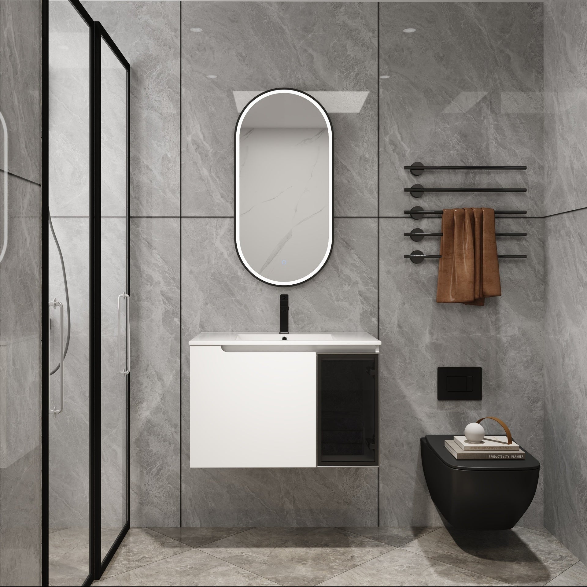 30" Wall-Mounted Bathroom Vanity With Ceramic Sink, 2-Soft Close Doors,Glossy White Vanity & Grey Glass 1/2 Door, Plywood (KD-Packing)
