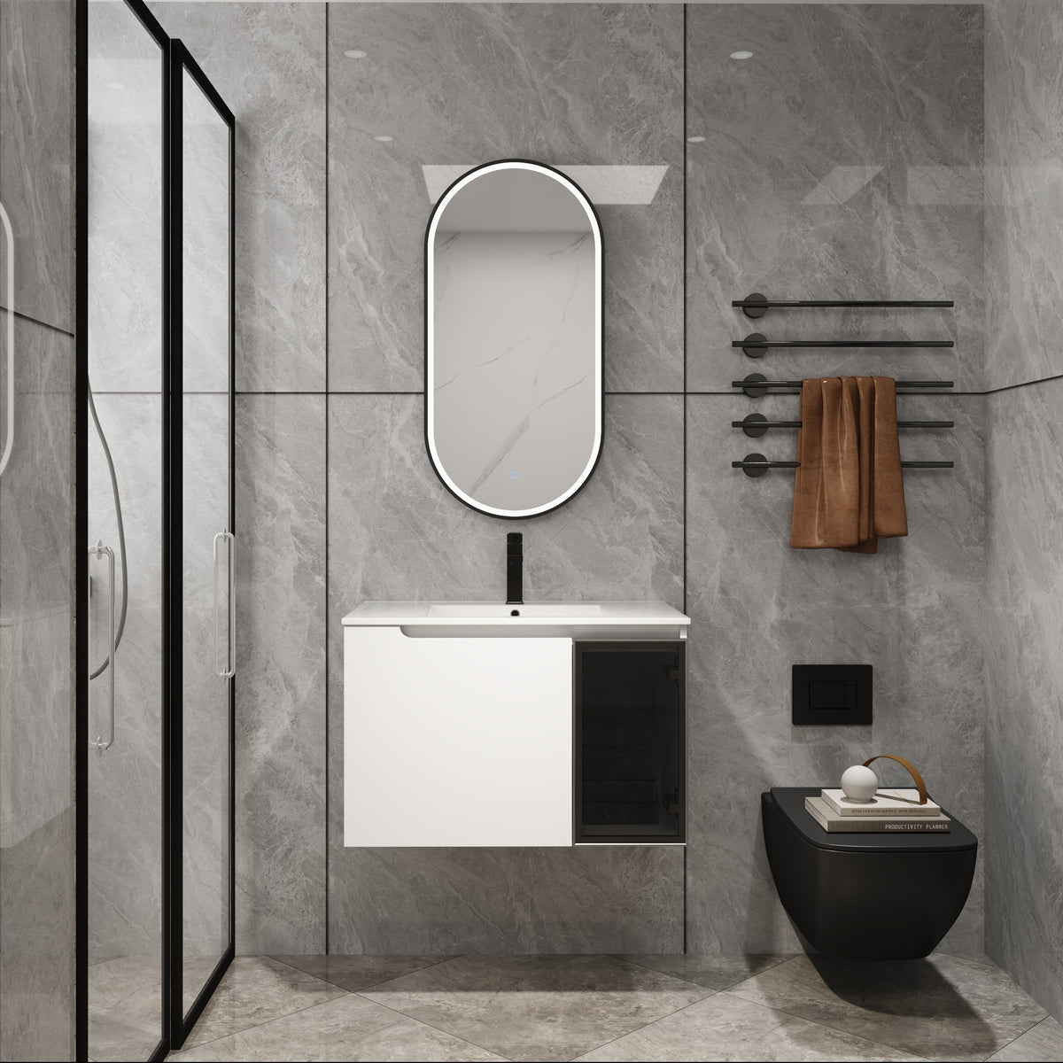 30" Wall-Mounted Bathroom Vanity With Ceramic Sink, 2-Soft Close Doors,Glossy White Vanity & Grey Glass 1/2 Door, Plywood (KD-Packing)