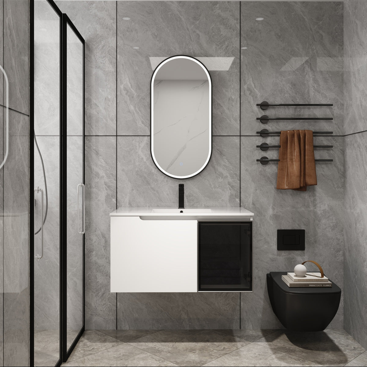 36" Wall-Mounted Bathroom Vanity With Ceramic Sink, 2-Soft Close Doors,Glossy White Vanity & Grey Glass 1/2 Door, Plywood (KD-Packing)