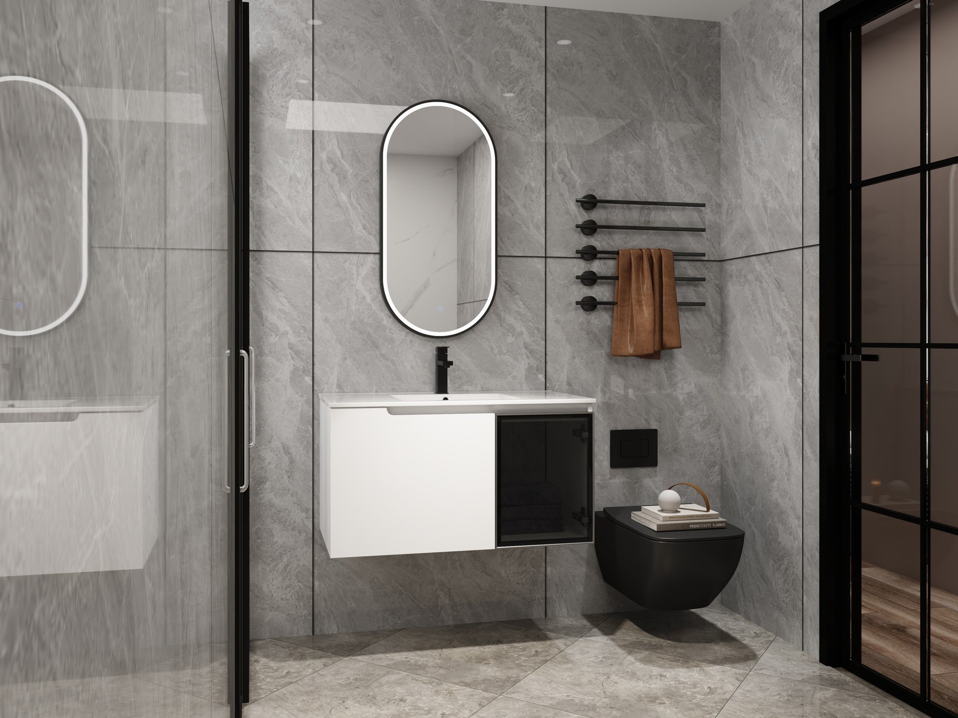 36" Wall-Mounted Bathroom Vanity With Ceramic Sink, 2-Soft Close Doors,Glossy White Vanity & Grey Glass 1/2 Door, Plywood (KD-Packing)