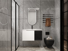 36" Wall-Mounted Bathroom Vanity With Ceramic Sink, 2-Soft Close Doors,Glossy White Vanity & Grey Glass 1/2 Door, Plywood (KD-Packing)