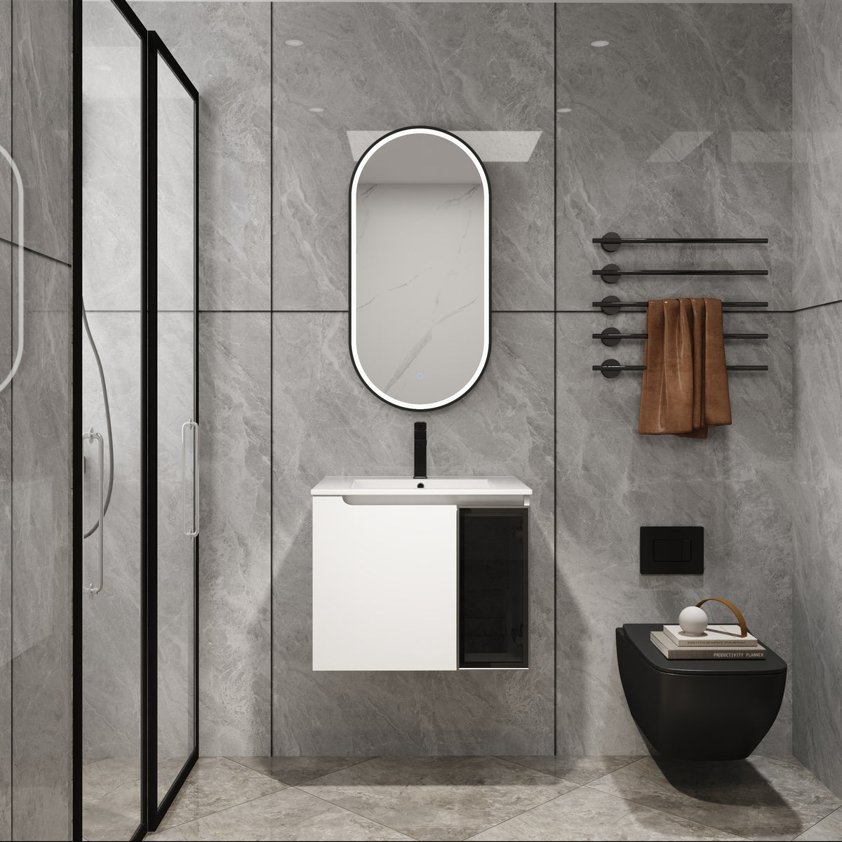 24" Wall-Mounted Bathroom Vanity With Ceramic Sink, 2-Soft Close Doors,Glossy White Vanity & Grey Glass 1/2 Door, Plywood (KD-Packing)
