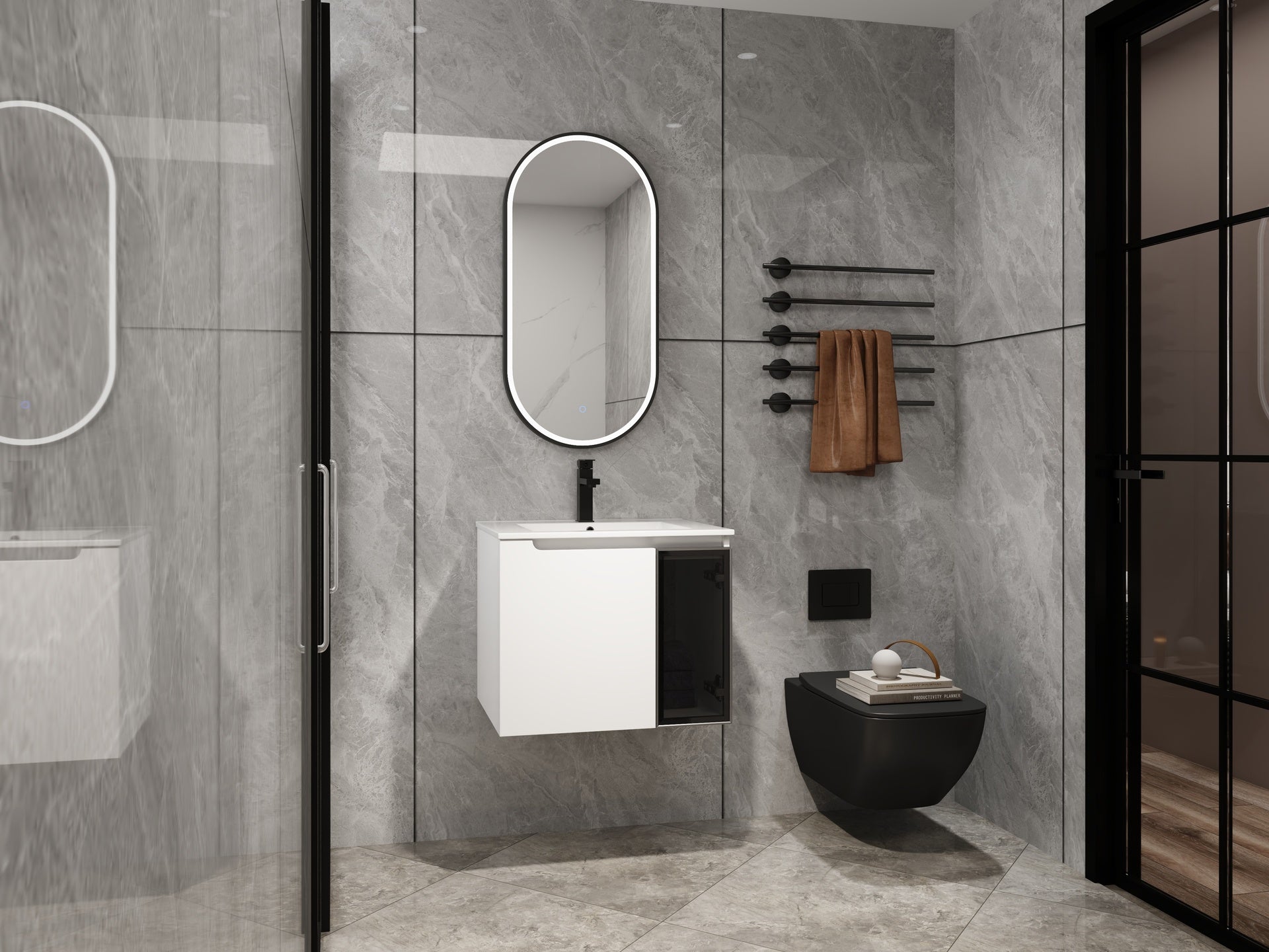 24" Wall-Mounted Bathroom Vanity With Ceramic Sink, 2-Soft Close Doors,Glossy White Vanity & Grey Glass 1/2 Door, Plywood (KD-Packing)
