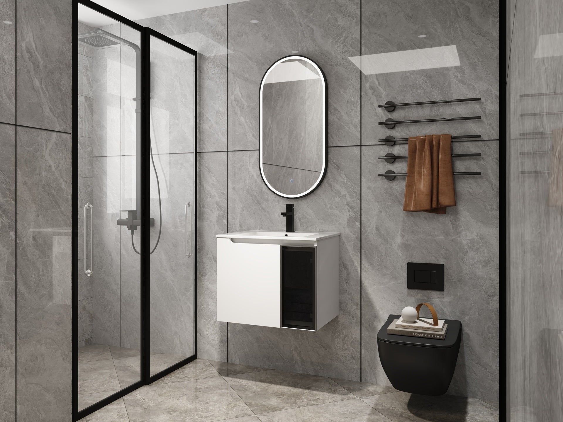 24" Wall-Mounted Bathroom Vanity With Ceramic Sink, 2-Soft Close Doors,Glossy White Vanity & Grey Glass 1/2 Door, Plywood (KD-Packing)