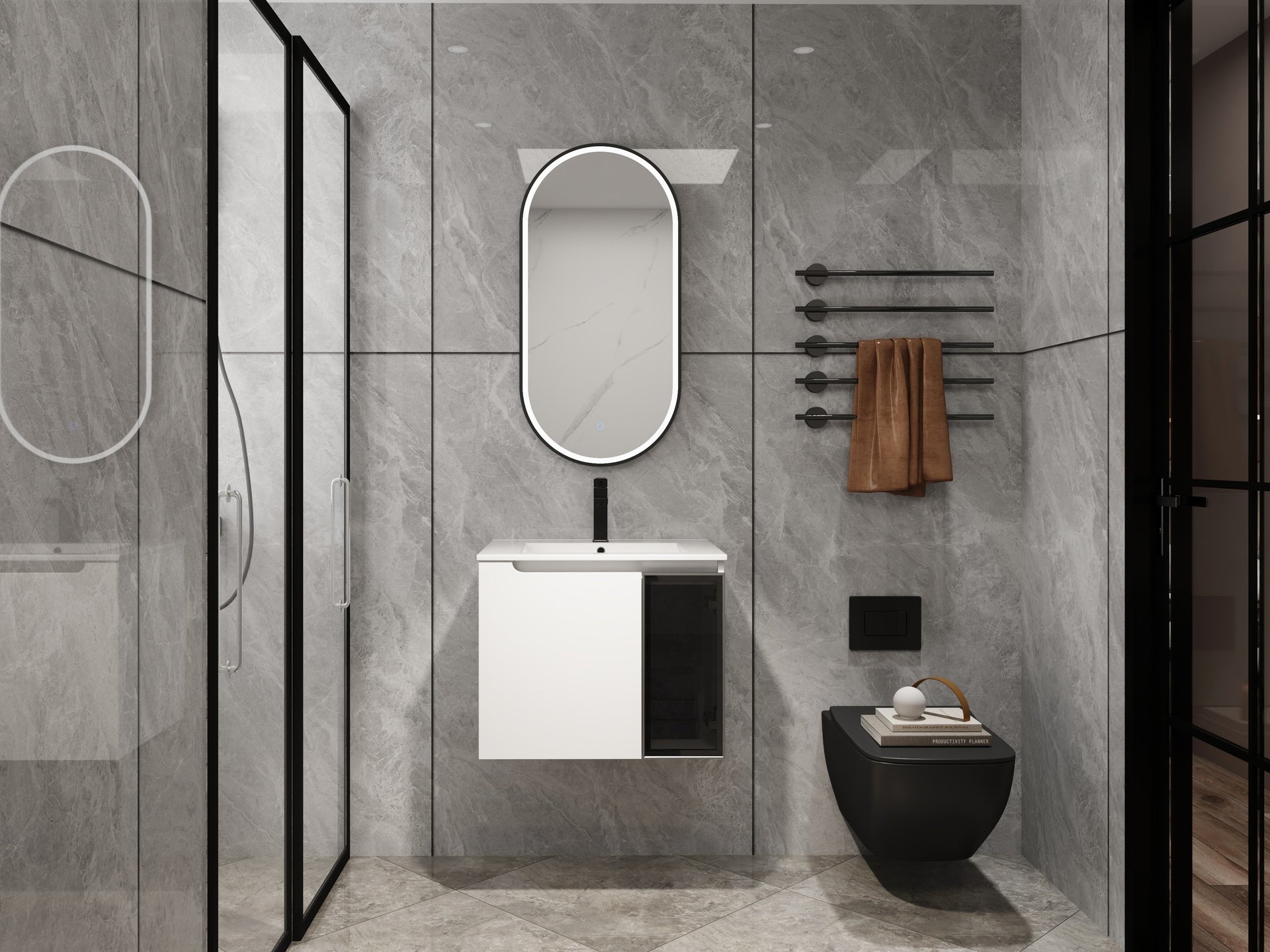 24" Wall-Mounted Bathroom Vanity With Ceramic Sink, 2-Soft Close Doors,Glossy White Vanity & Grey Glass 1/2 Door, Plywood (KD-Packing)