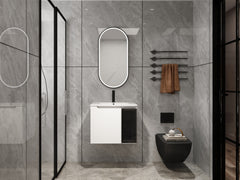 24" Wall-Mounted Bathroom Vanity With Ceramic Sink, 2-Soft Close Doors,Glossy White Vanity & Grey Glass 1/2 Door, Plywood (KD-Packing)
