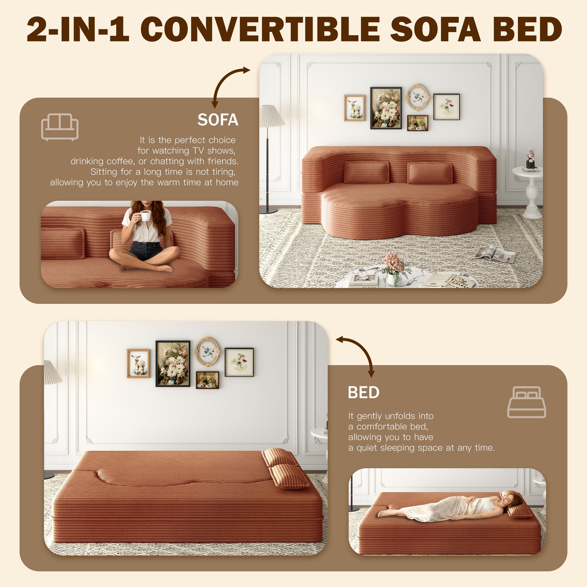 Modern Floor Sofa with 2 Pillows,Convertible Corduroy Fabric Foam-Filled Sleeper Sofa Bed,15" Twin Size Folding Mattress for Living Room,Guest Bed,Playroom,no assembly required,Orange