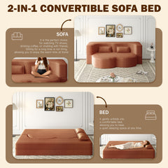 Modern Floor Sofa with 2 Pillows,Convertible Corduroy Fabric Foam-Filled Sleeper Sofa Bed,15" Twin Size Folding Mattress for Living Room,Guest Bed,Playroom,no assembly required,Orange