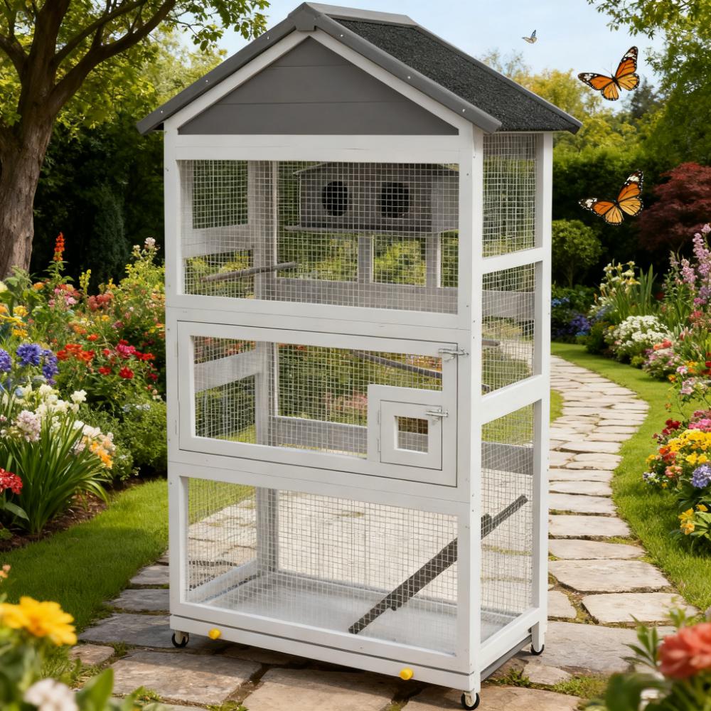 Spacious Bird House,Wooden Bird Aviary with Slide-Out Tray, Birdhouse, Ladder, Perches