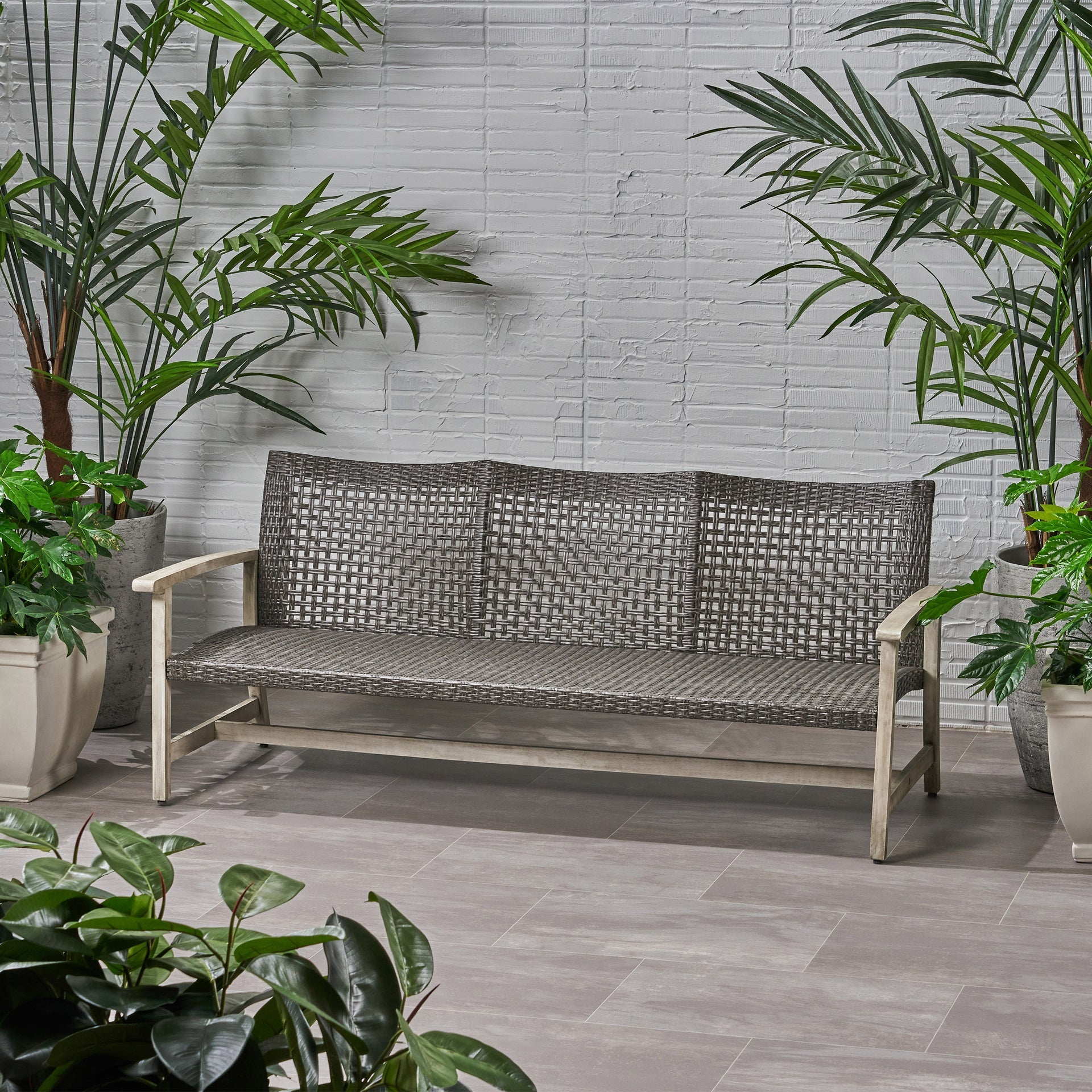 Outdoor Acacia Wood Wicker 3 Seater Sofa, Patio Furniture Conversation Set for Backyard