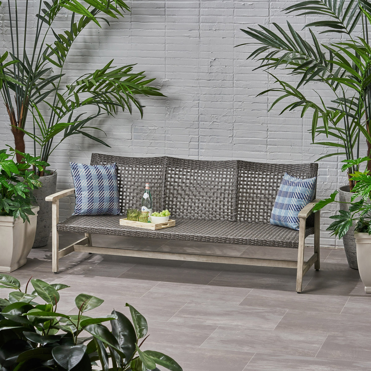 Outdoor Acacia Wood Wicker 3 Seater Sofa, Patio Furniture Conversation Set for Backyard