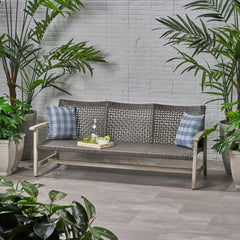 Outdoor Acacia Wood Wicker 3 Seater Sofa, Patio Furniture Conversation Set for Backyard