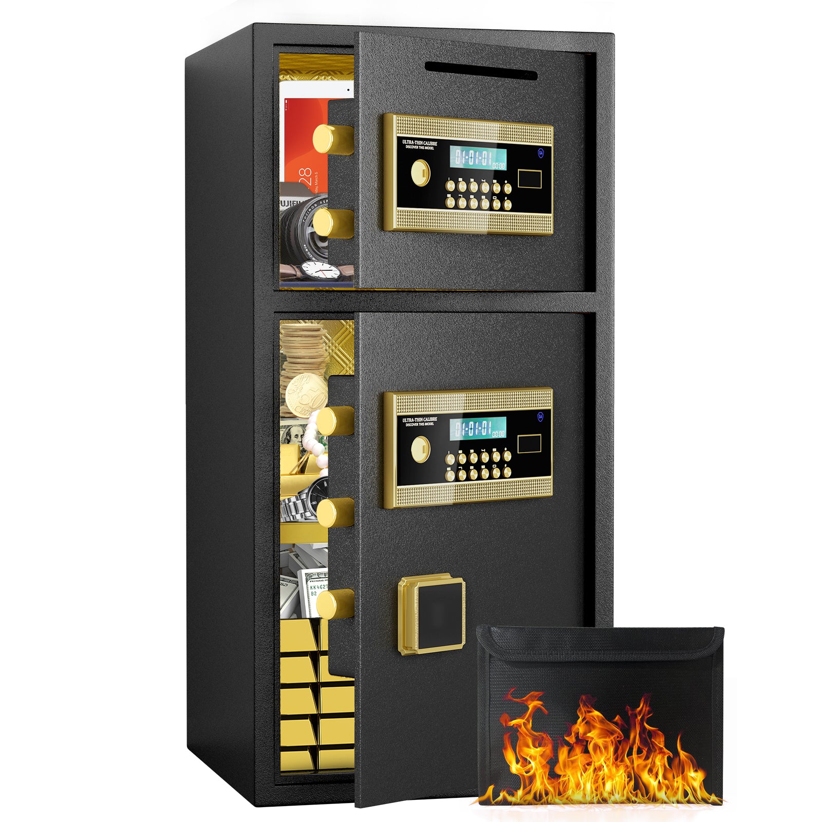 Large Double-door Coin-operated Safe,Digital Security Safe with Fireproof and Waterproof Bag,6.0 Cubic Feet Safe Box with Hidden Code Function for Home,Office and Hotel