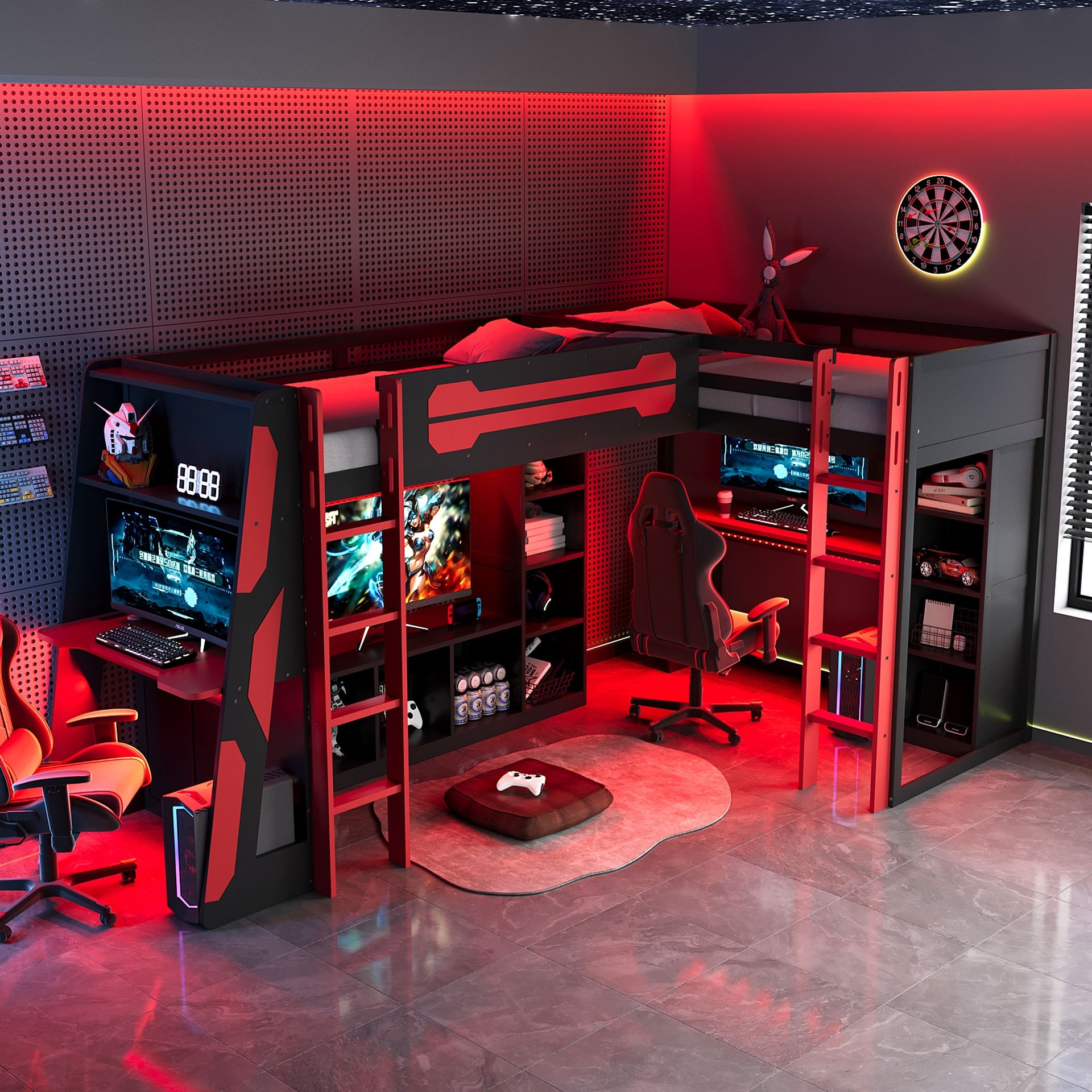L-Shaped Wooden twin Size Gaming Bed Frame with RGB LED Lights, Dual twin Beds, USB Ports, TV Stand & Storage Shelves, Reversible Layout, Space-Saving Wood Loft Bed for Teens & Adults-Red